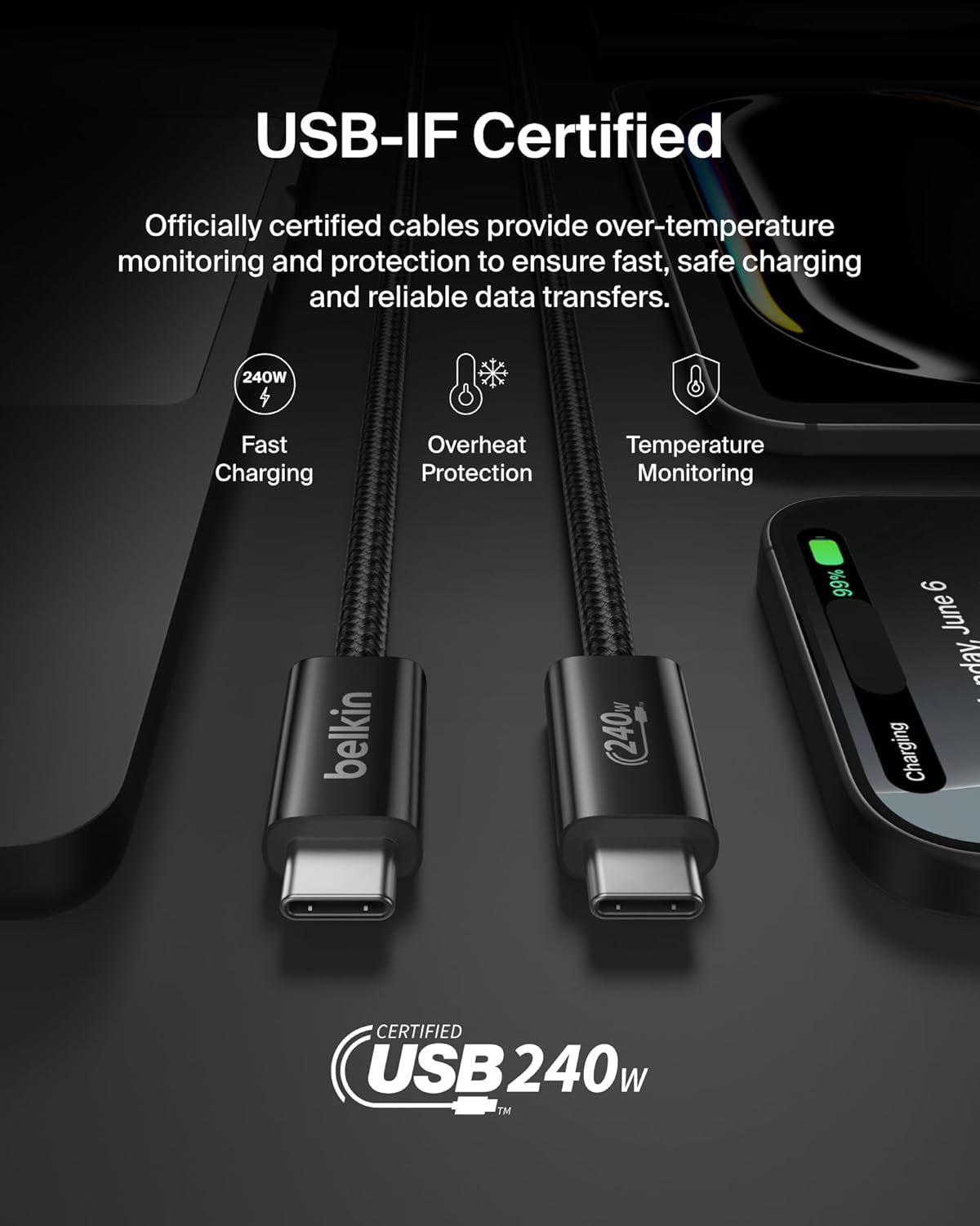 USB C to USB C Cable 2-Pack, 6.6Ft, 240W - USBC to USBC Cable, Iphone Charger Cord, Soft, Braided, Flexible for Iphone 17, Galaxy S25, Pixel 10, Macbook, Chromebook, Ipad Pro, Switch - Black