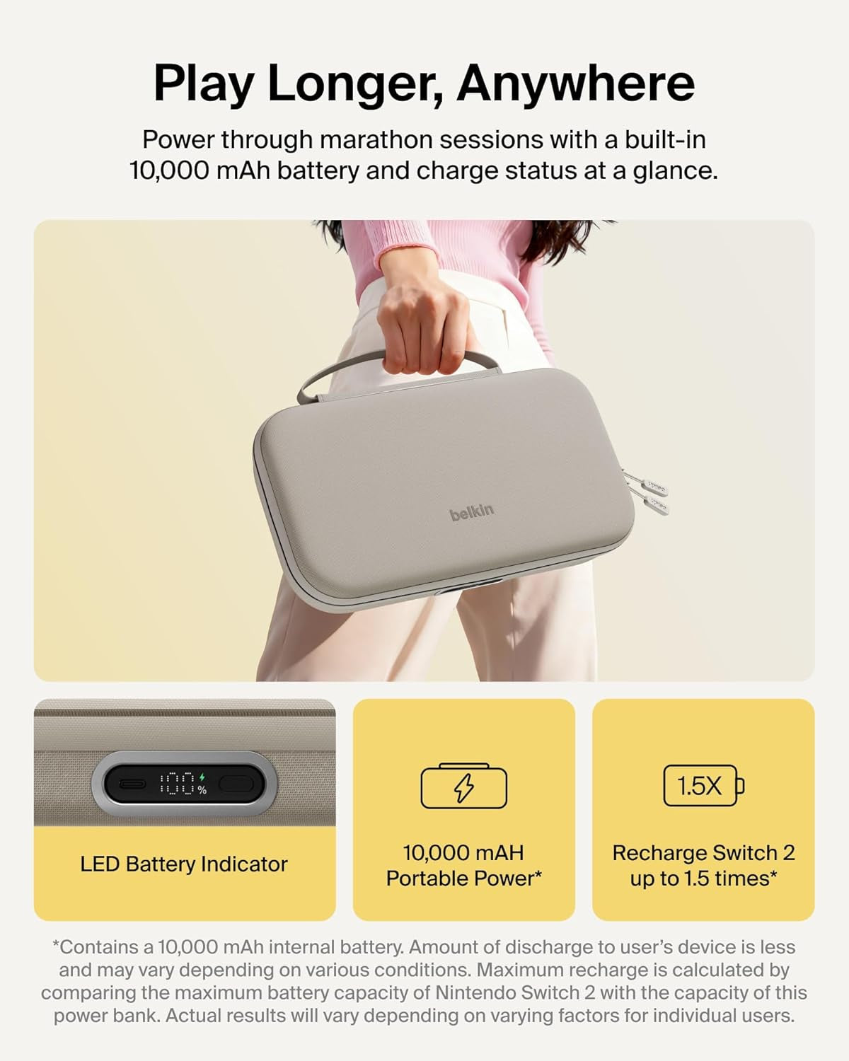 Nintendo Switch 2 Charging Case Pro, 10000Mah Power Bank, 30W Fast Charging W/Kick Stand - Custom Fit, Hard Shell Carrying Case, 12 Game Card Slots, Airtag Holder, Digital Display - Sand