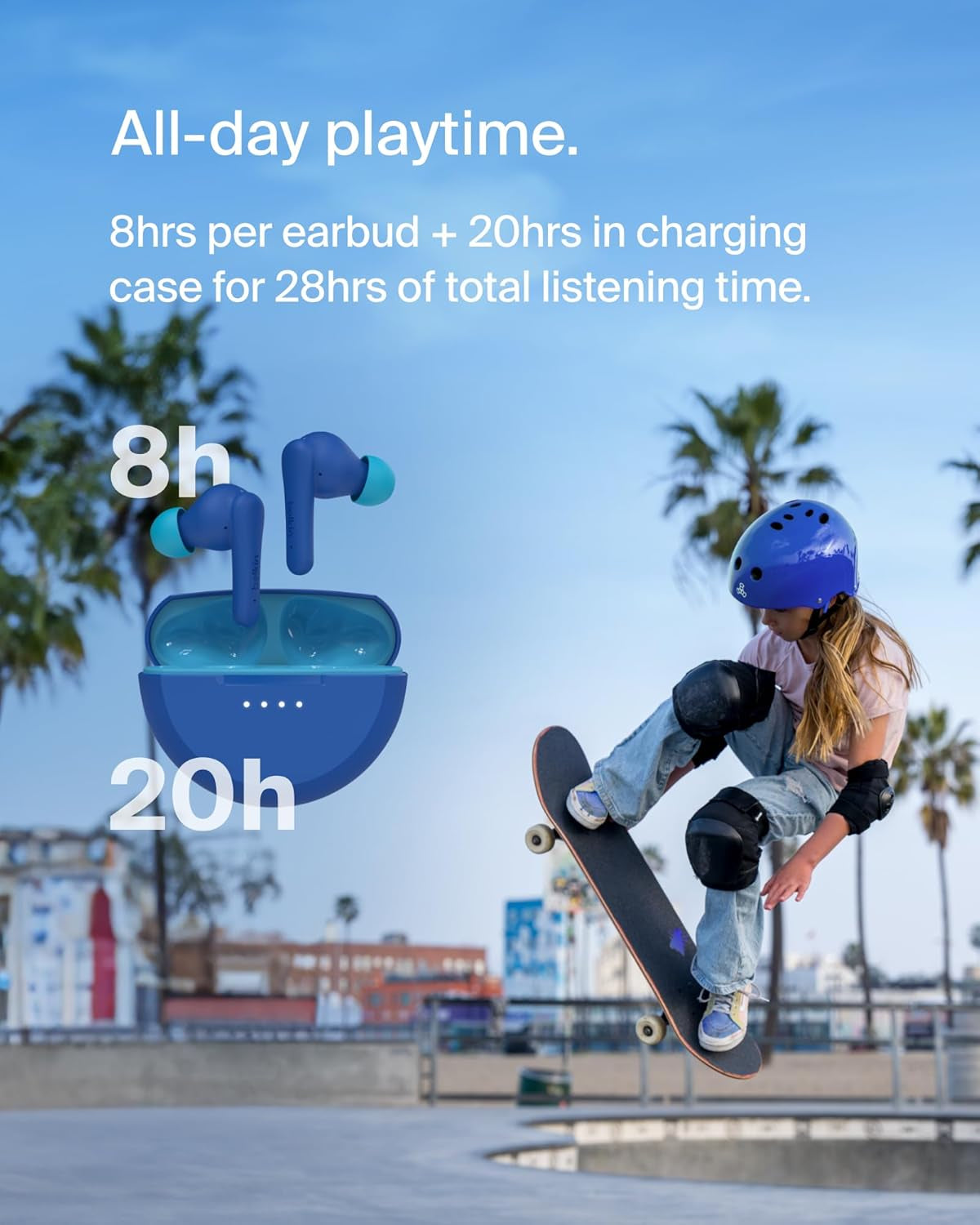 Soundform Nano 2 Bluetooth Earbuds for Kids with Built-In Microphone, 28H Battery Life, Safe 85Db Volume, IPX5 Water Resistance - Kids Bluetooth Earbuds for Iphone, Ipad, Galaxy, & More - Blue