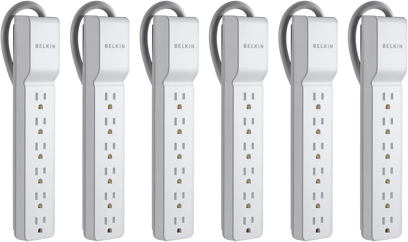 Belkin 6-Outlet Power Strip Surge Protector W/Flat Rotating Plug, 6Ft Cord – Ideal for Personal Electronics, Small Appliances and More (1080 Joules), White, 6' - 6 Pack