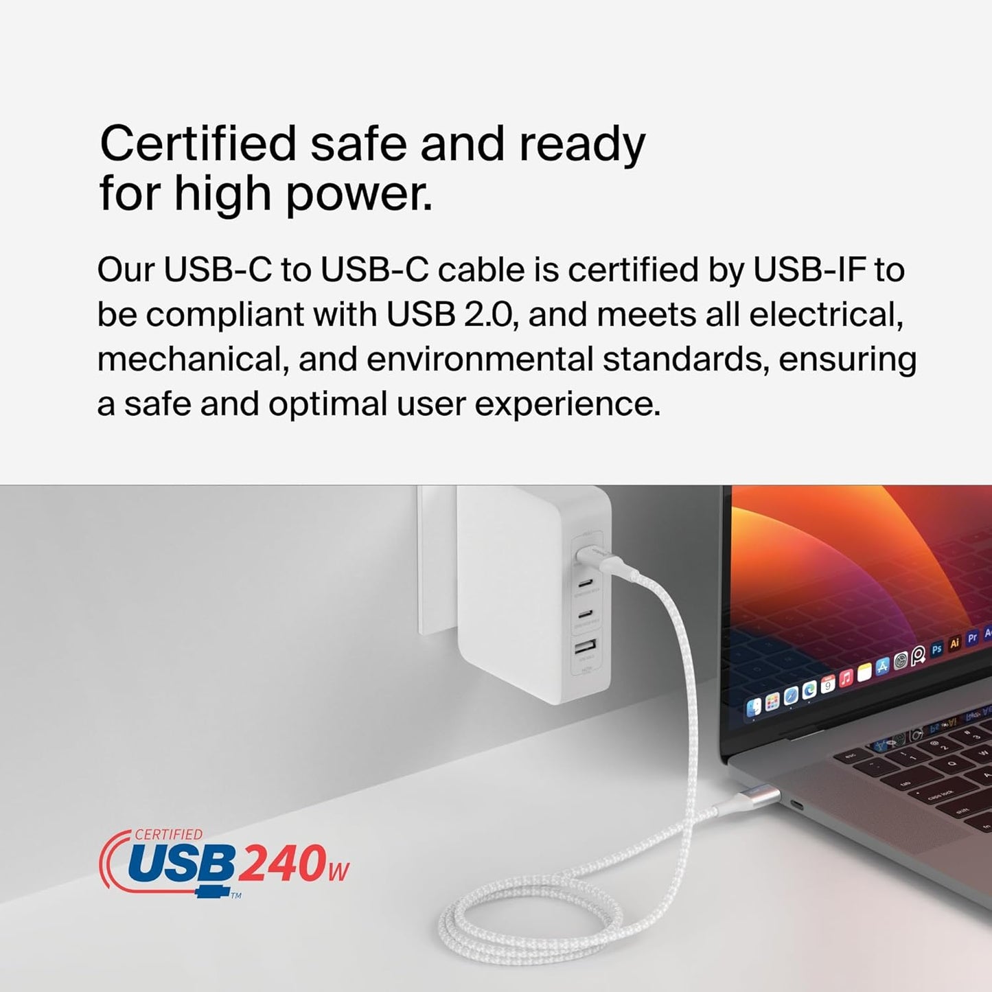 Boostcharge USB-C to USB-C Power Cable (2M/6.6Ft) Fast Charging Cable 240W Power Delivery USB-IF for Macbook Pro, Ipad, Iphone 16 Series, Galaxy S25 Series, Nintendo Switch 2 & More - White