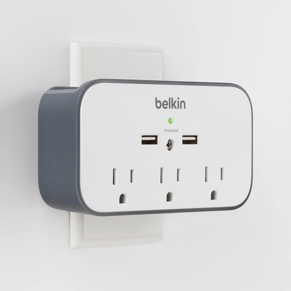 Belkin Wall Mount Surge Protector - 3 AC Multiple Outlet Extender & 2 USB Ports - Flat Rotating Plug Wall Mount Cradle for Home, Office, Travel, Computer Desktop & Charging Brick (540 Joules) - 4 Pack