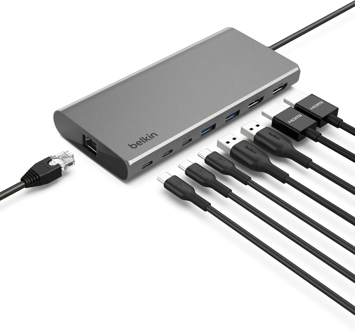 Connect Universal USB-C 8-In-1 Dual Display Core Hub W/Silicon Motion Technology - Compatible with Mac, Windows, and Chromebook - 100W PD W/ 10Gbps Transfer Speeds & 1Gbe Ethernet - Silver