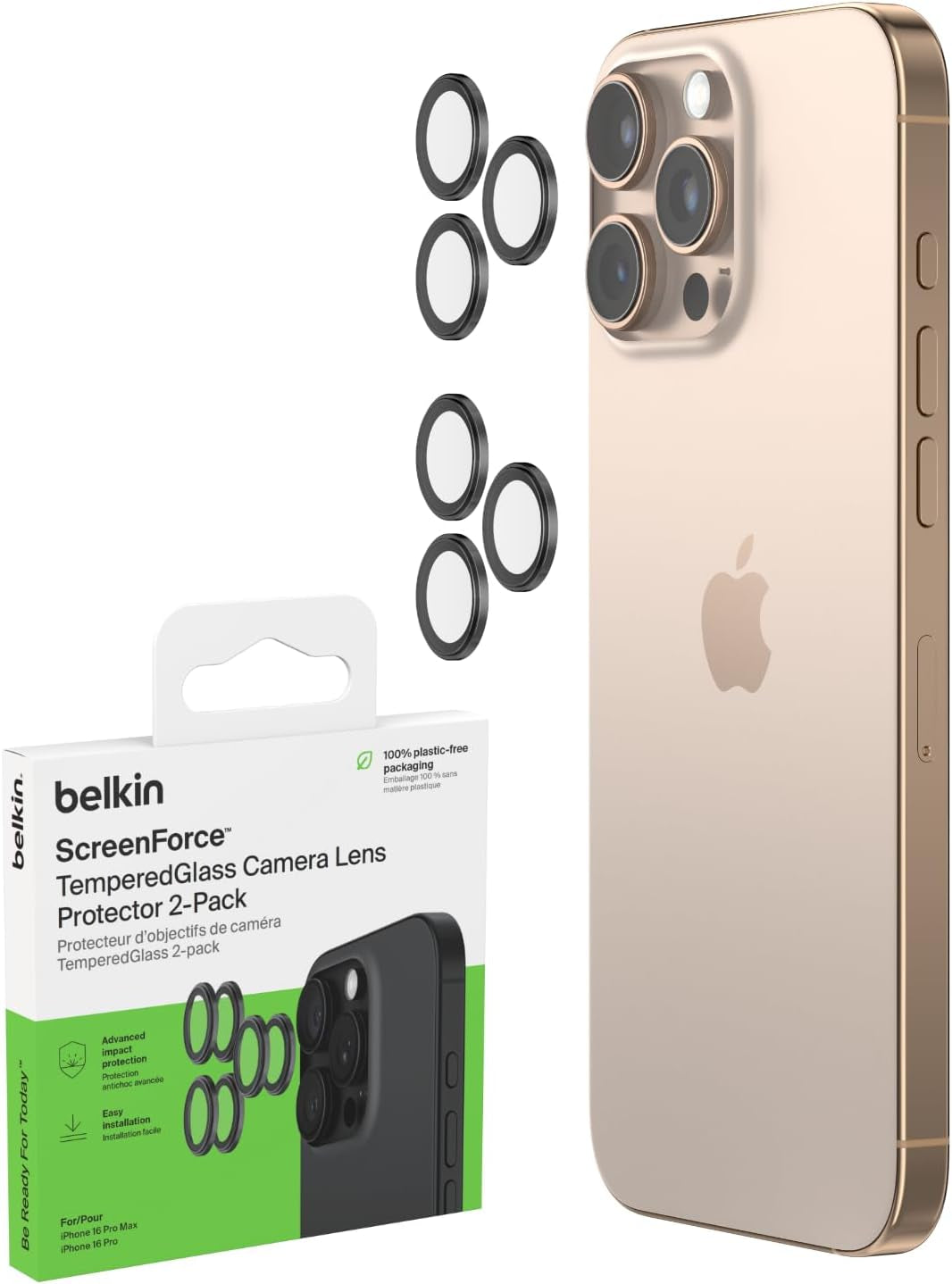 Screenforce Temperedglass Camera Lens Protector for Apple Iphone 16 Pro, 16 Pro Max - Case-Compatible Tempered Glass Lens Cover, Apple Iphone Accessories - 2-Pack