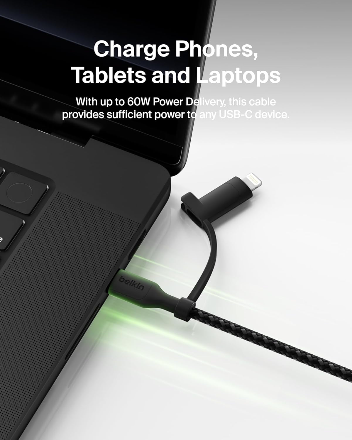 Boostcharge Braided 2-In-1 USB-C Charging Cable W/Usb-C & Lightning Connector (1.5M) Fast & Multi-Charging for Iphone Series, Ipad, Macbook, Galaxy Series, Nintendo Switch 2 & More - Black
