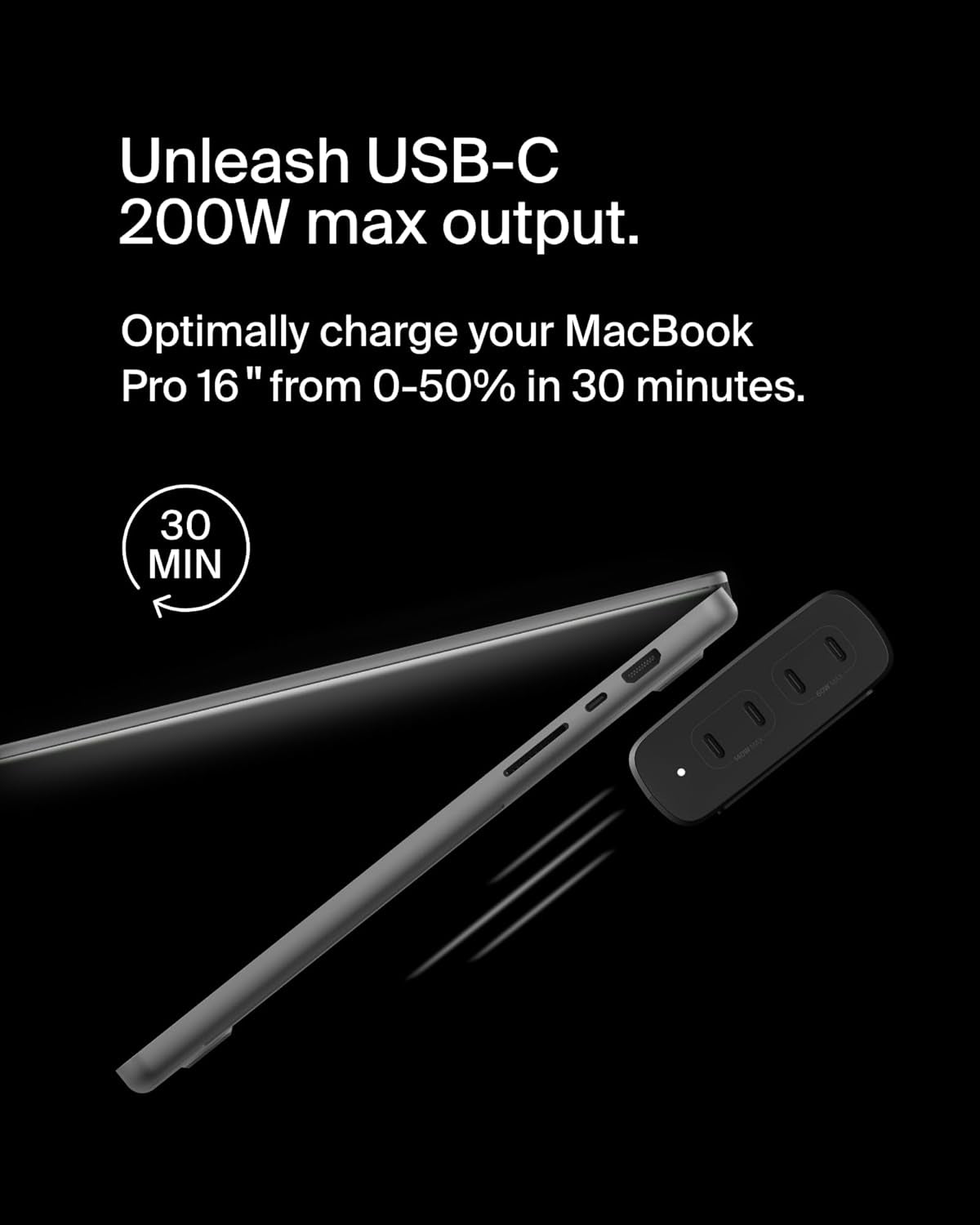 4-Port USB C Charger Block, 200W Gan Multi-Port Charger USB-C PD 3.1 Fast Charge + 5Ft Power Cord - Macbook, Iphone 17, Air, Ipad, Galaxy S26, Google Pixel 10, Nintendo Switch 2 - Black