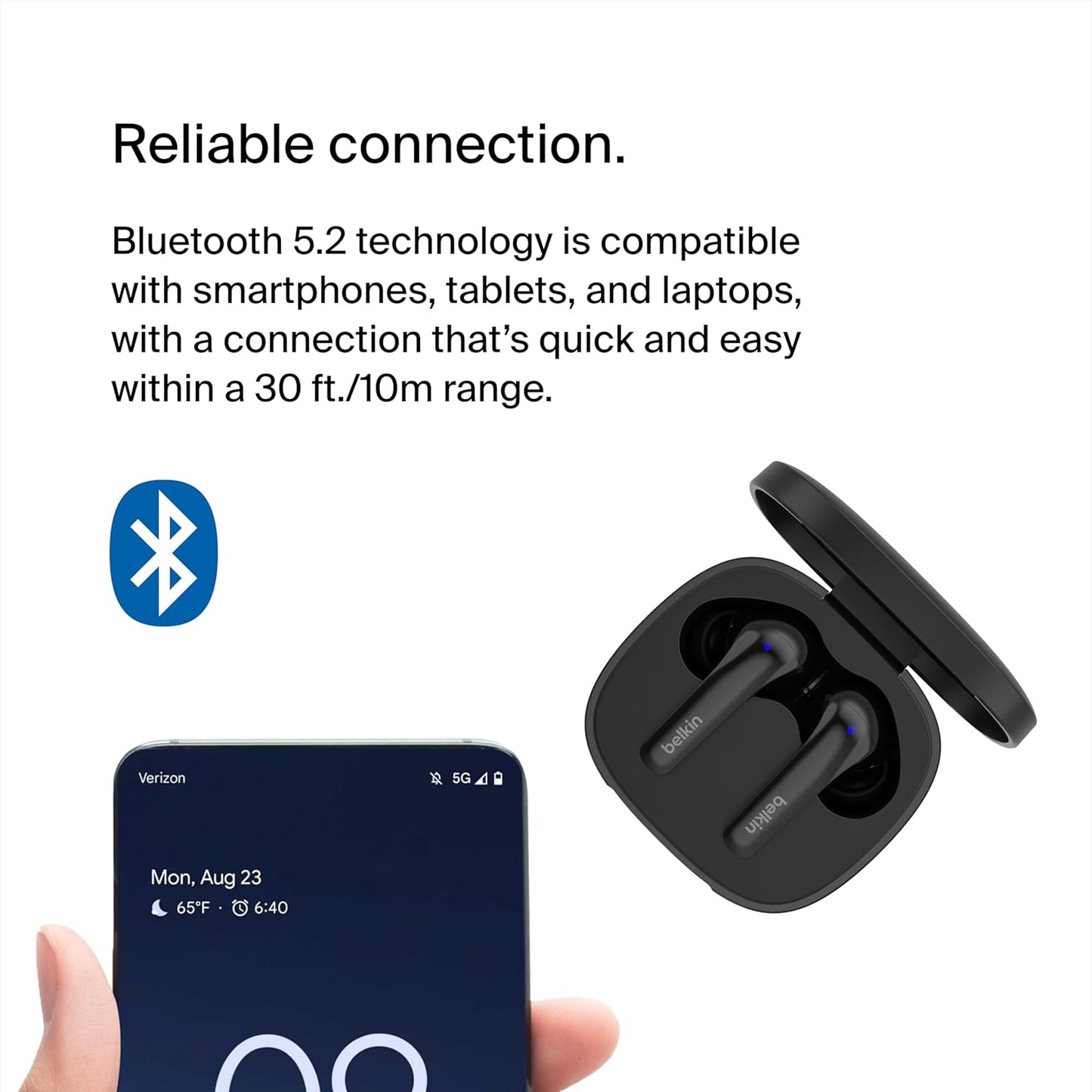 Soundform™ Motion True Wireless Earbuds, Clear Call Quality with Wireless Charging Case & Dual Microphone - IPX5 Water Resistant Bluetooth Headphones for Iphone & Samsung - Black