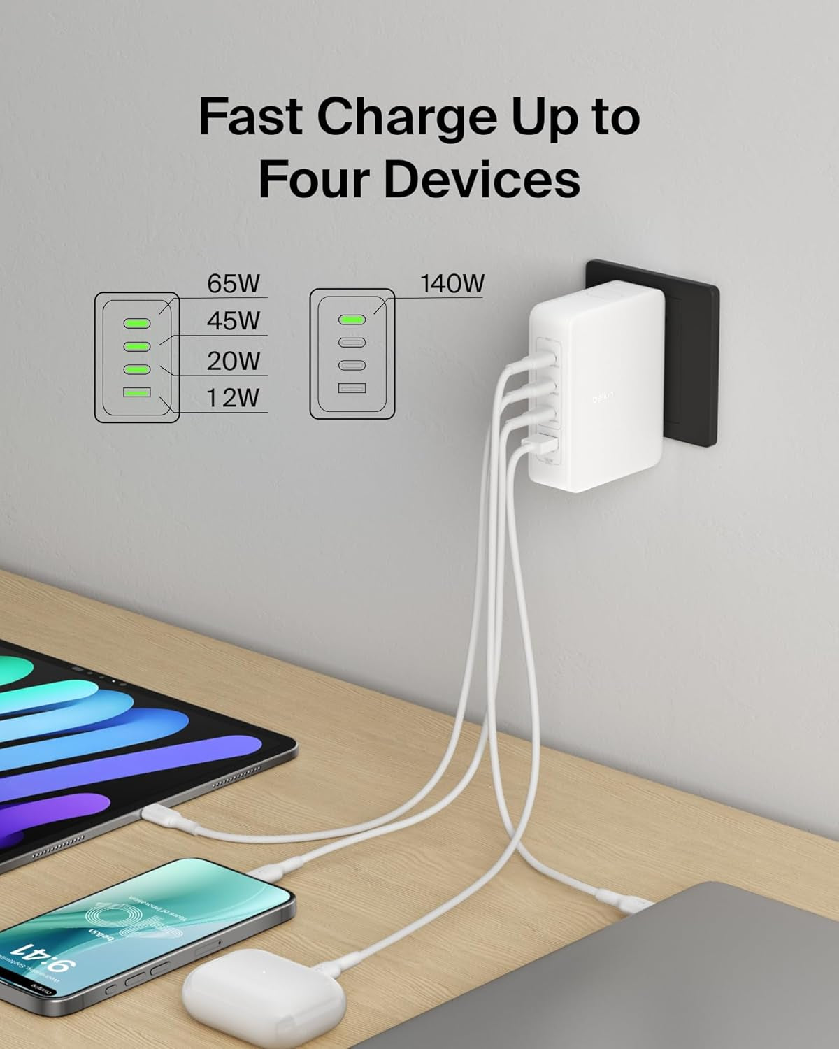 4-Port Charger Block 140W, Gan Charger USB-C Power Delivery Fast Charge & USB-A Port - Macbook, Apple Iphone 17, Air, Ipad, Samsung Galaxy S25, Google Pixel 10, Nintendo Switch 2 & More - White