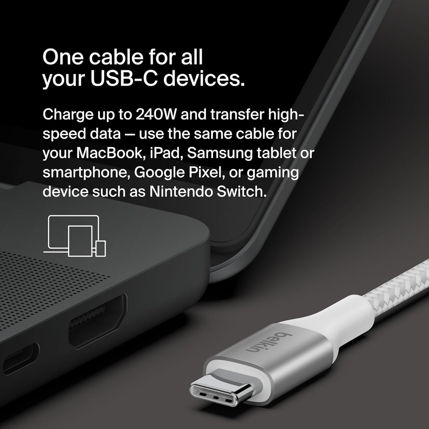 Boostcharge USB-C to USB-C Power Cable (2M/6.6Ft) Fast Charging Cable 240W Power Delivery USB-IF for Macbook Pro, Ipad, Iphone 16 Series, Galaxy S25 Series, Nintendo Switch 2 & More - White
