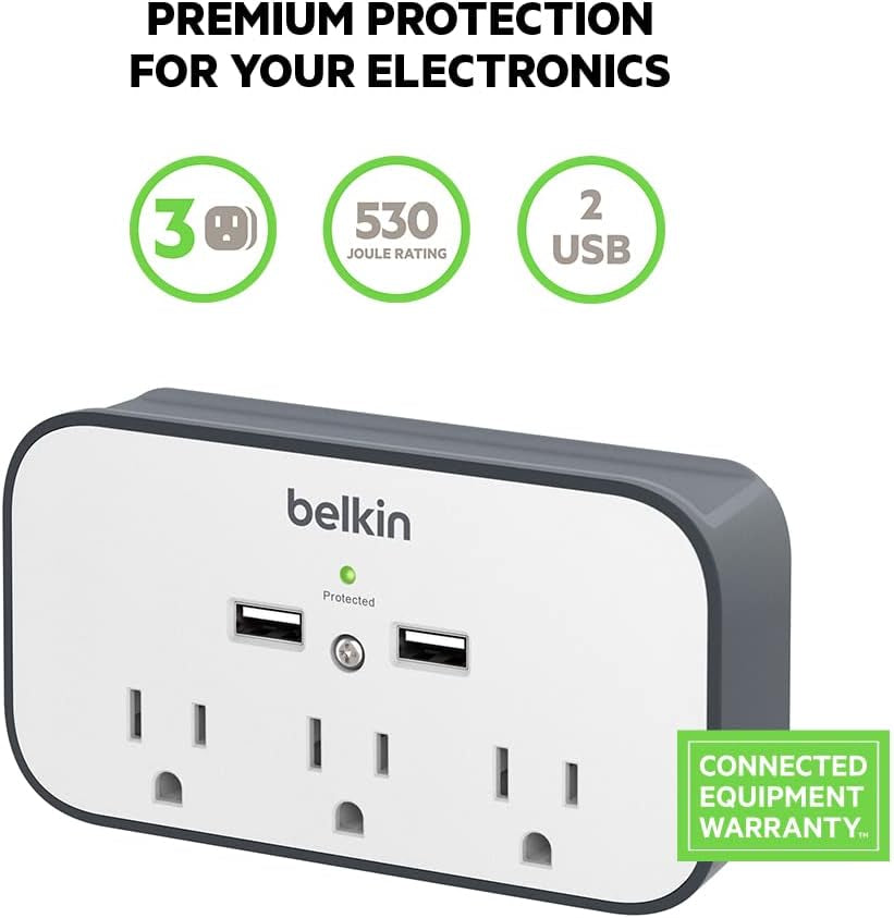 Belkin Wall Mount Surge Protector - 3 AC Multiple Outlet Extender & 2 USB Ports - Flat Rotating Plug Wall Mount Cradle for Home, Office, Travel, Computer Desktop & Charging Brick (540 Joules) - 4 Pack