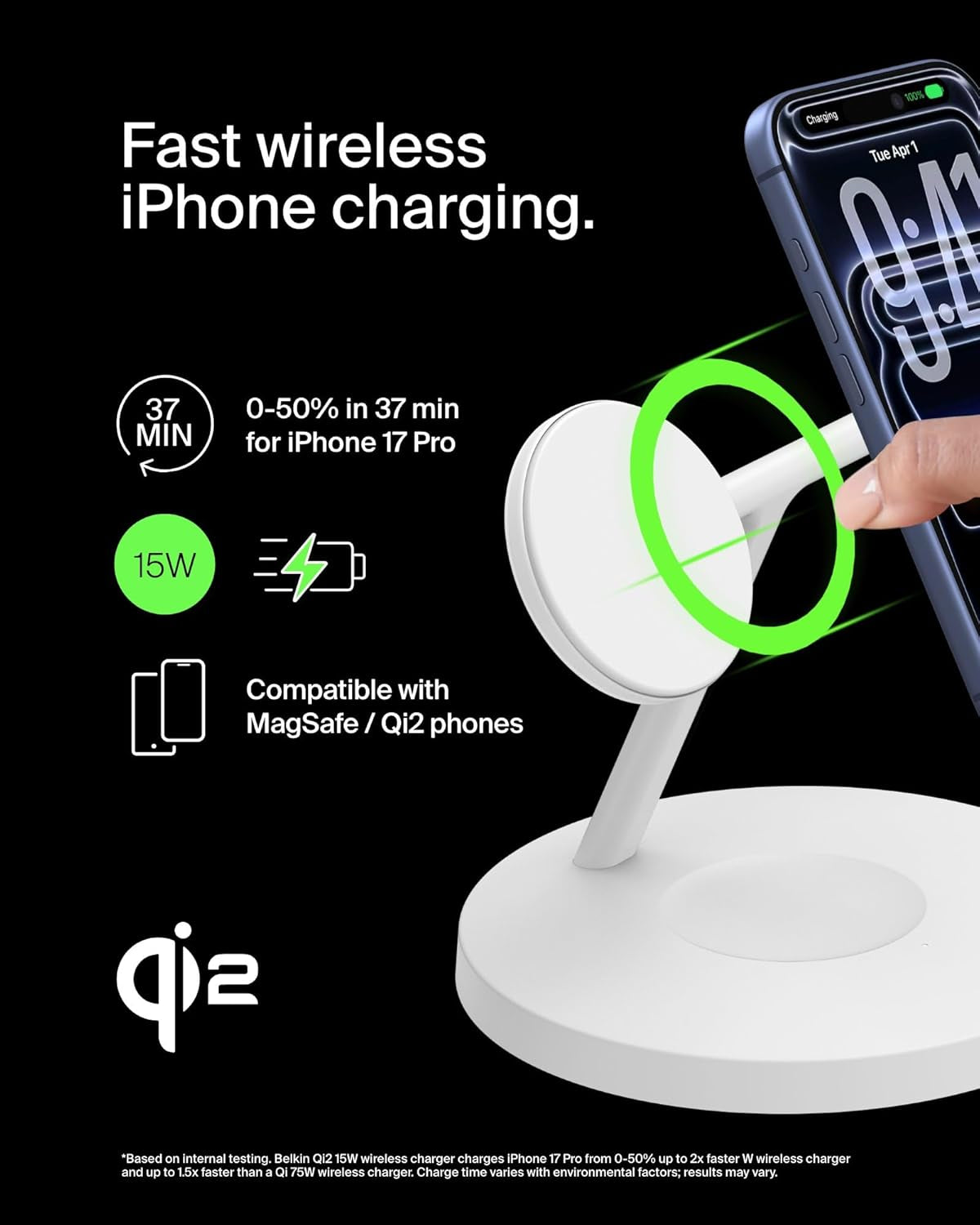 Magsafe-Compatible Iphone Charger, 3-In-1 Wireless Charging Station, Qi2-Certified 15W Wireless Charge for Apple Iphone 17 Series, Apple Watch, Airpods W/Non-Slip Base, 40W Included - White