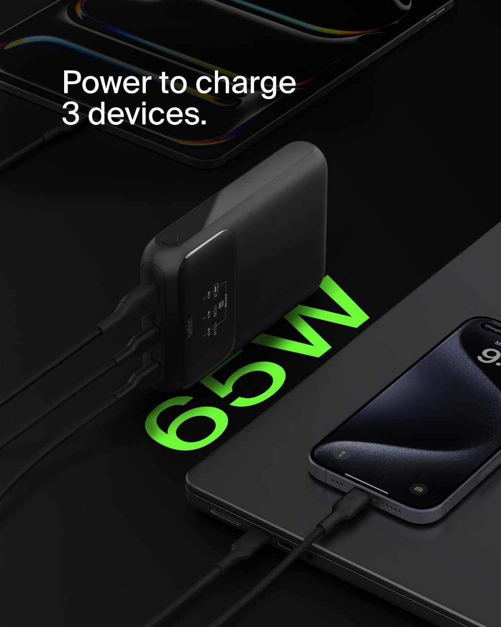BELKIN BoostCharge Pro 3-Port Laptop Power Bank 20K| Powerful 65W Output, Charge 3x Devices, for MacBook Tablet Phones, Digital Color Display - Black