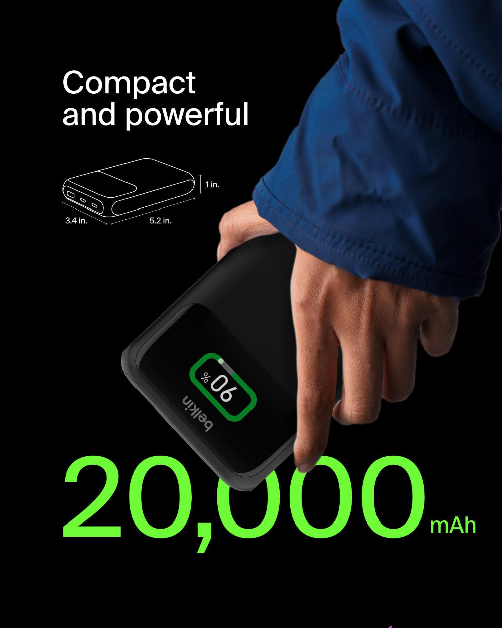 BELKIN BoostCharge Pro 3-Port Laptop Power Bank 20K| Powerful 65W Output, Charge 3x Devices, for MacBook Tablet Phones, Digital Color Display - Black