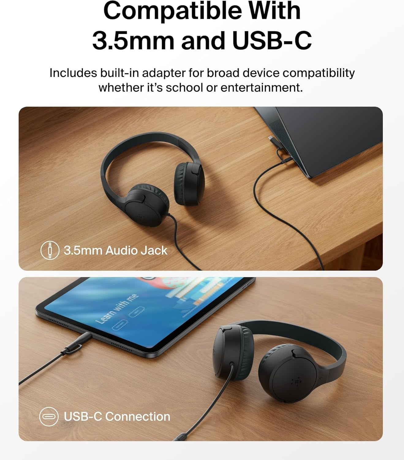 Soundform Mini Kids Wired Headphones W/Usb C to 3.5Mm Dongle, Built-In Mic & Fun Stickers, 85Db Max Volume – for Online Learning, Travel, Compatible W/Iphone 16, Ipad, Galaxy S25, Etc - Black