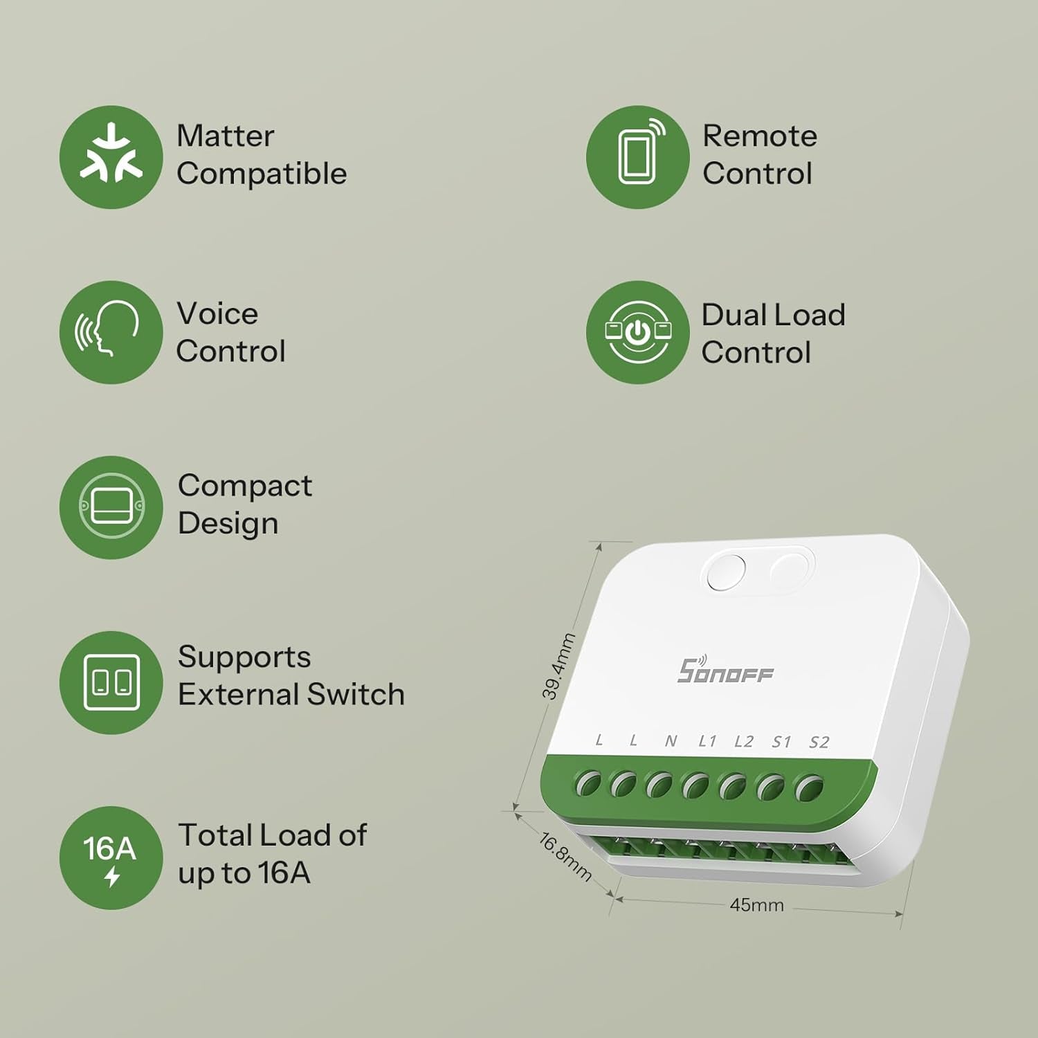 MINI Duo 2-Channel WiFi Smart Switch, 16A Total Load, Matter over WiFi, Remote and Automated Control, Neutral Wire Required, Compatible with Alexa and Google Assistant, Single Pack