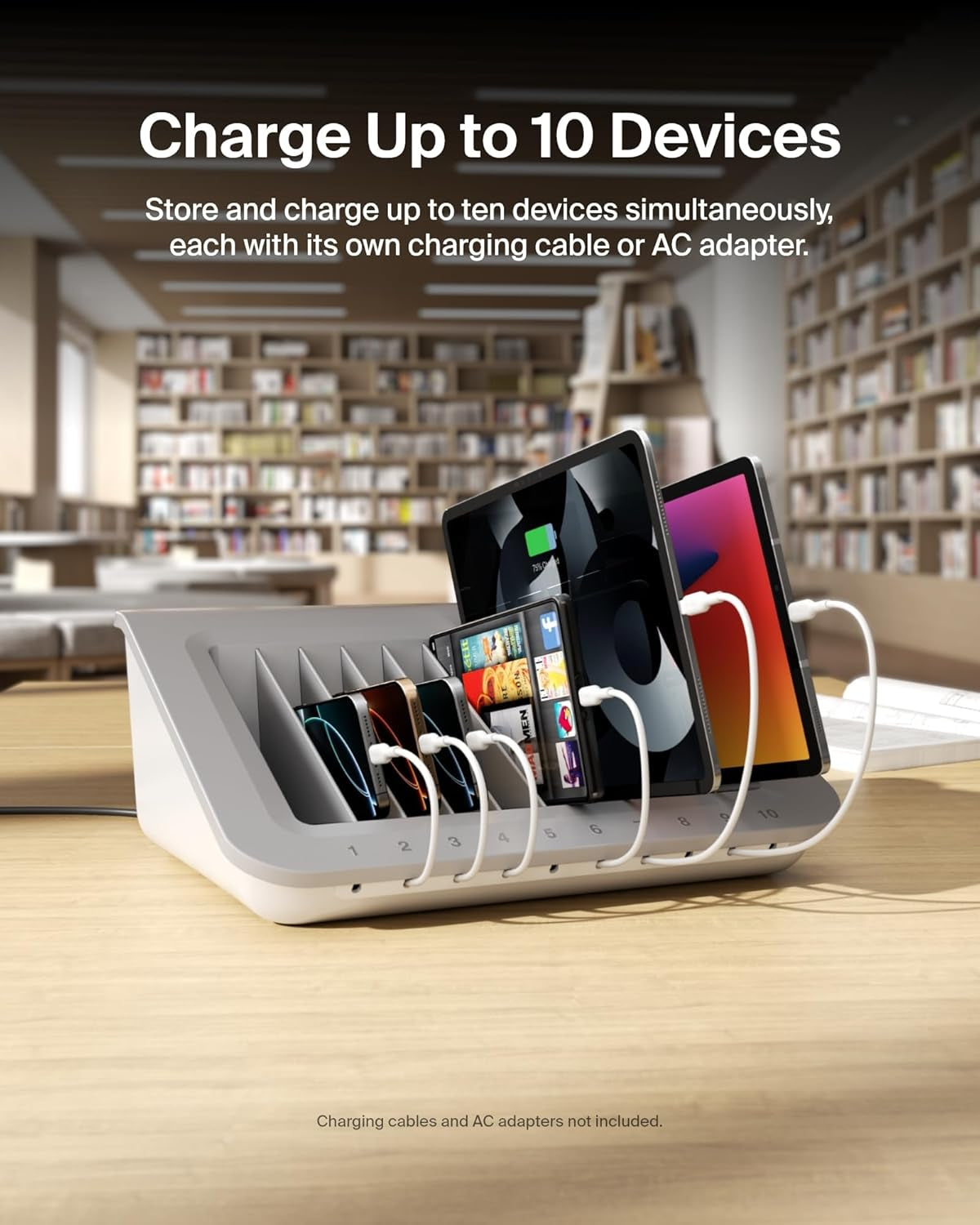 Charging Station for Laptops with Surge Protector - 10 Device USB Charging Dock for Tablets, Laptops, Chromebooks – Cable Management for Classrooms, Offices, Tech Labs, Shared Spaces, & More