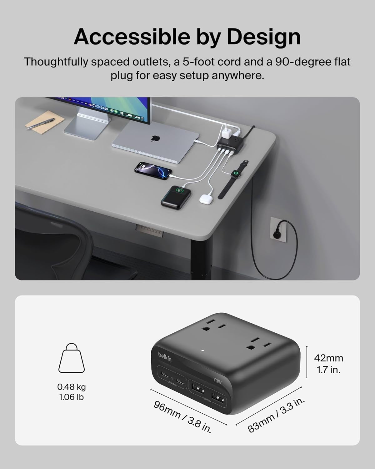 Gan Charging Station 70W, 7-In-1 Dual USB C Charger W/ 3X AC Outlets, 2X USB a Ports, Power Strip, Iphone Charger Fast Charging, Apple Watch, Ipad, Macbook, Chromebook, Samsung Galaxy, Pixel 10