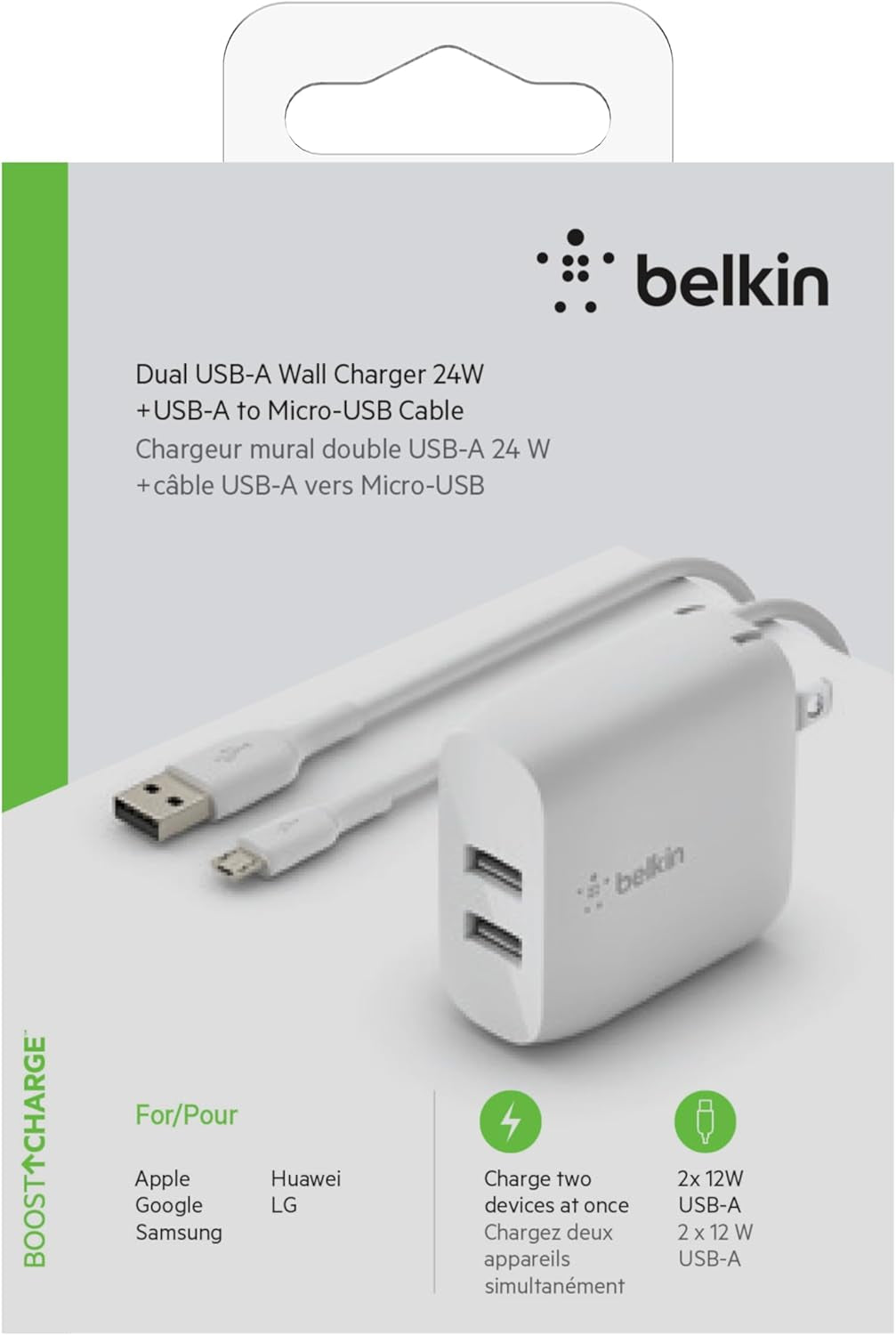 Dual Port USB Charger Block 24W - Micro USB Cable Included - Iphone Fast Charging – Iphone 17, Air, Pro, Pro Max, Ipad, Airpods, Apple Watch, Samsung S25, Google Pixel 10, Etc. - White