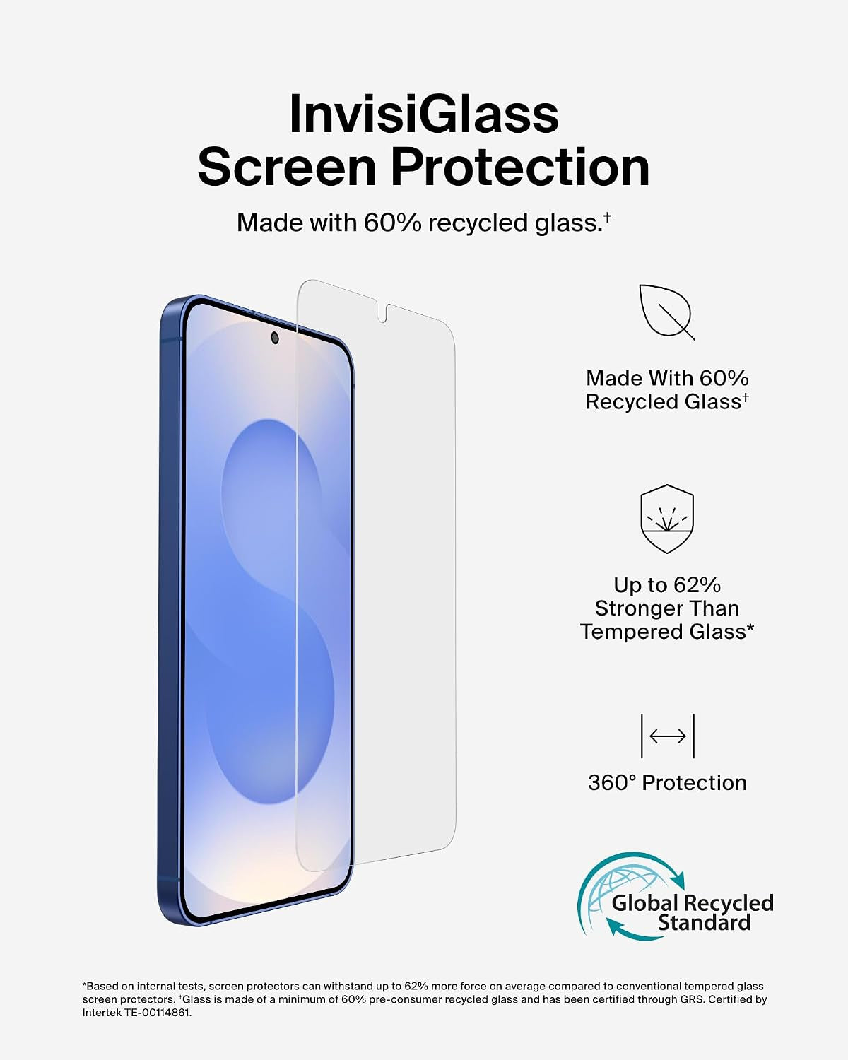 Screenforce Invisiglass Treated Screen Protector for Samsung Galaxy S25+, 9H Hardness, Scratch-Resistant Impact Protection W/Align Tray for Easy Application - Made with Recycled Glass