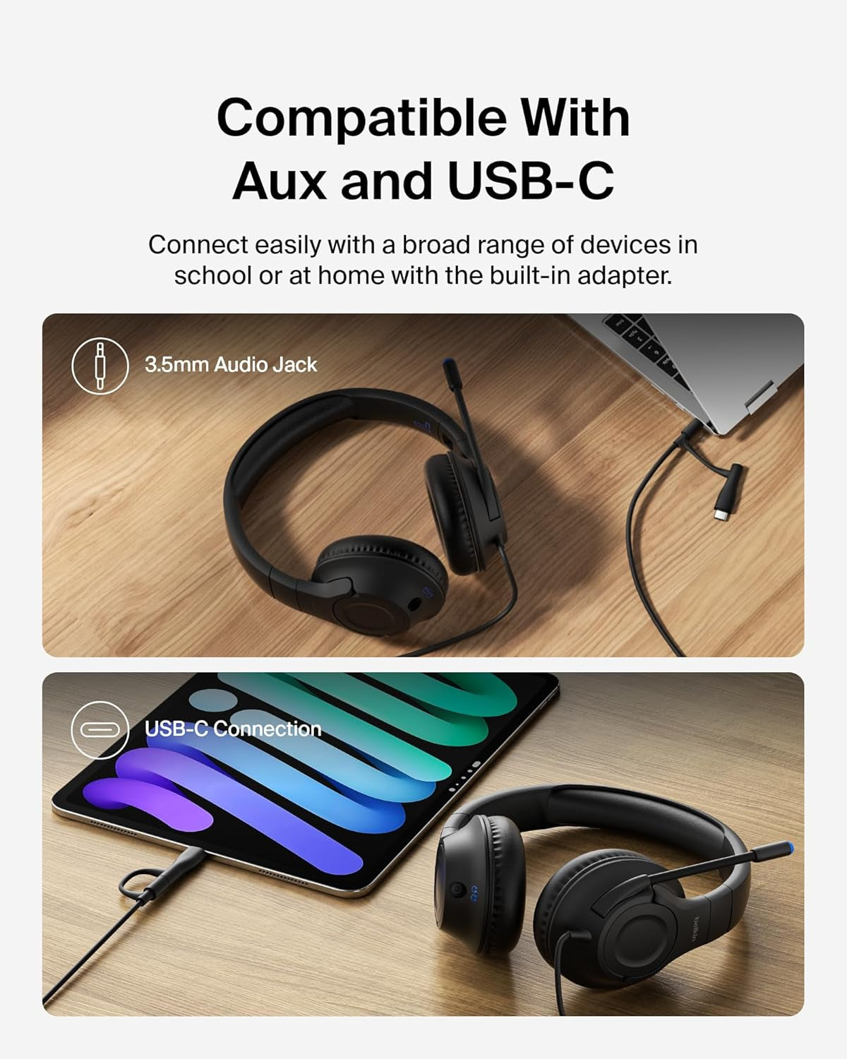 Soundform Inspire Wired Over-Ear Headset for Kids, Online Learning & Travel W/Built-In Boom Mic, 85Db Safe Volume Limit - USB-C & 3.5Mm - Compatible W/Iphone, Ipad, Galaxy & More - Black