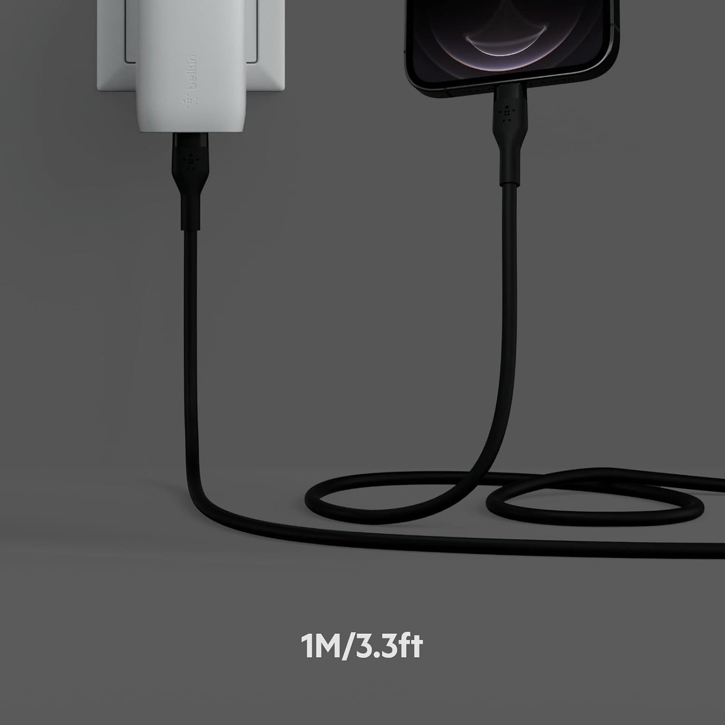 Boostcharge Flex Silicone USB-C to Lightning Cable (1M/3.3FT), Mfi-Certified Charging Cable for Iphone Series with Cable Clip - Black