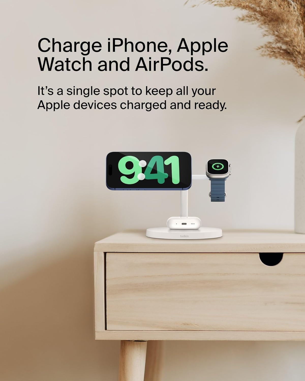 Magsafe-Compatible Iphone Charger, 3-In-1 Wireless Charging Station, Qi2-Certified 15W Wireless Charge for Apple Iphone 17 Series, Apple Watch, Airpods W/Non-Slip Base, 40W Included - White