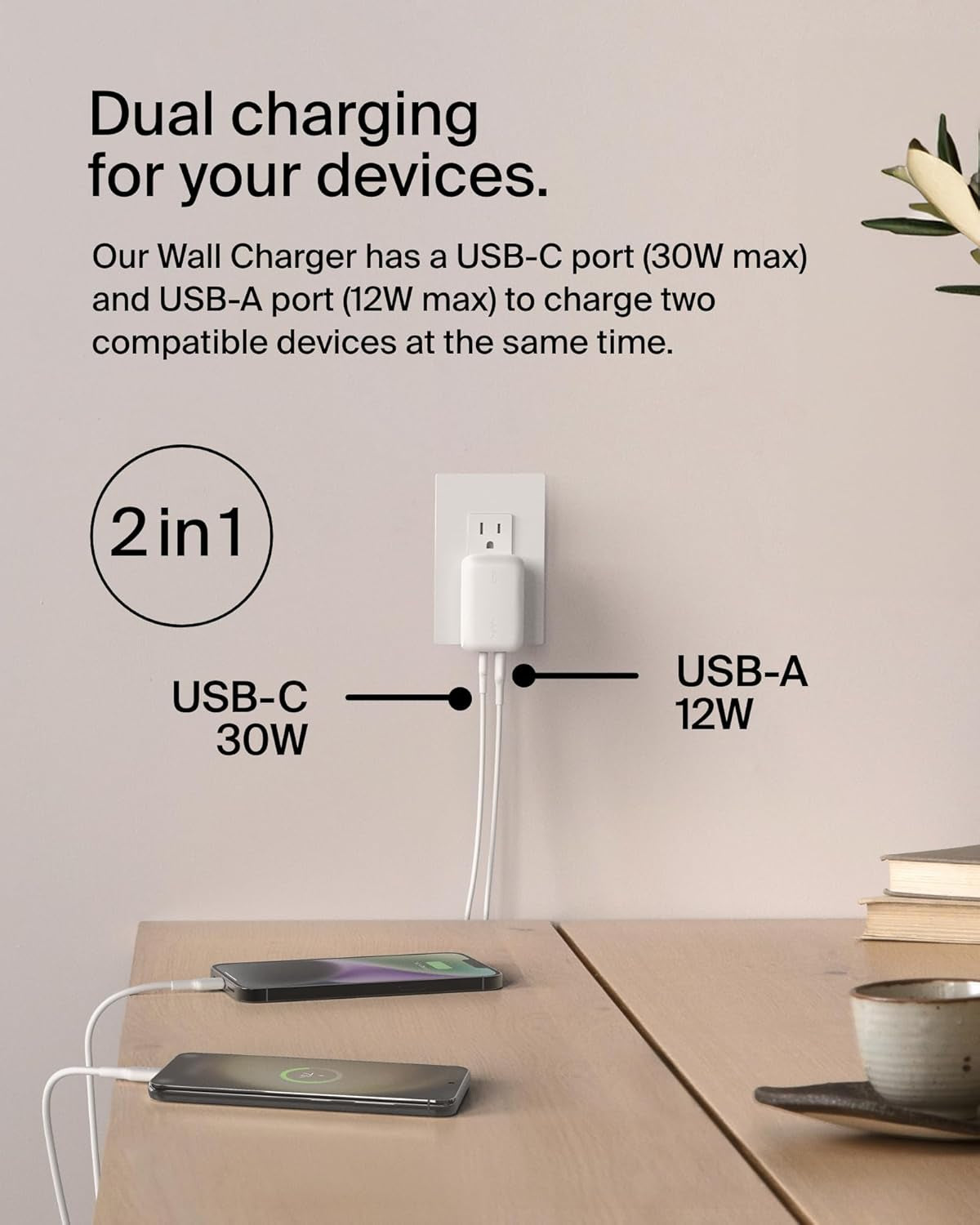 Dual Port Charger Block 42W, USB-C + USB-A Charger - Super Fast Charging - Samsung Galaxy S25, Apple Iphone 17, Air, Pro, Pro Max, Ipad, Macbook, Google Pixel, Nintendo Switch 2 & More - White