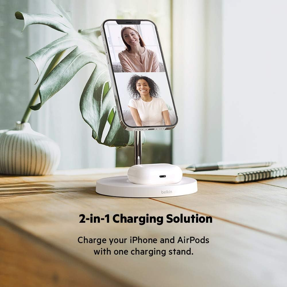 Magsafe 2-In-1 Wireless Charging Stand for Apple Iphone 16, Iphone 15, Iphone 14, & Iphone 13 Series & Airpods - Magsafe Fast Charging Station for Multiple Devices - White