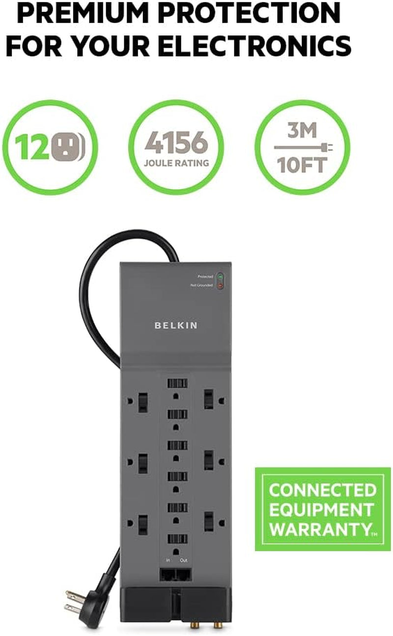 Power Strip Surge Protector with 12 AC Multiple Outlets, 10 Ft Long Flat Plug Heavy Duty Extension Cord for Home, Office, Travel, Computer Desktop, Laptop & Phone Charging Bricks (4,156 Joules)