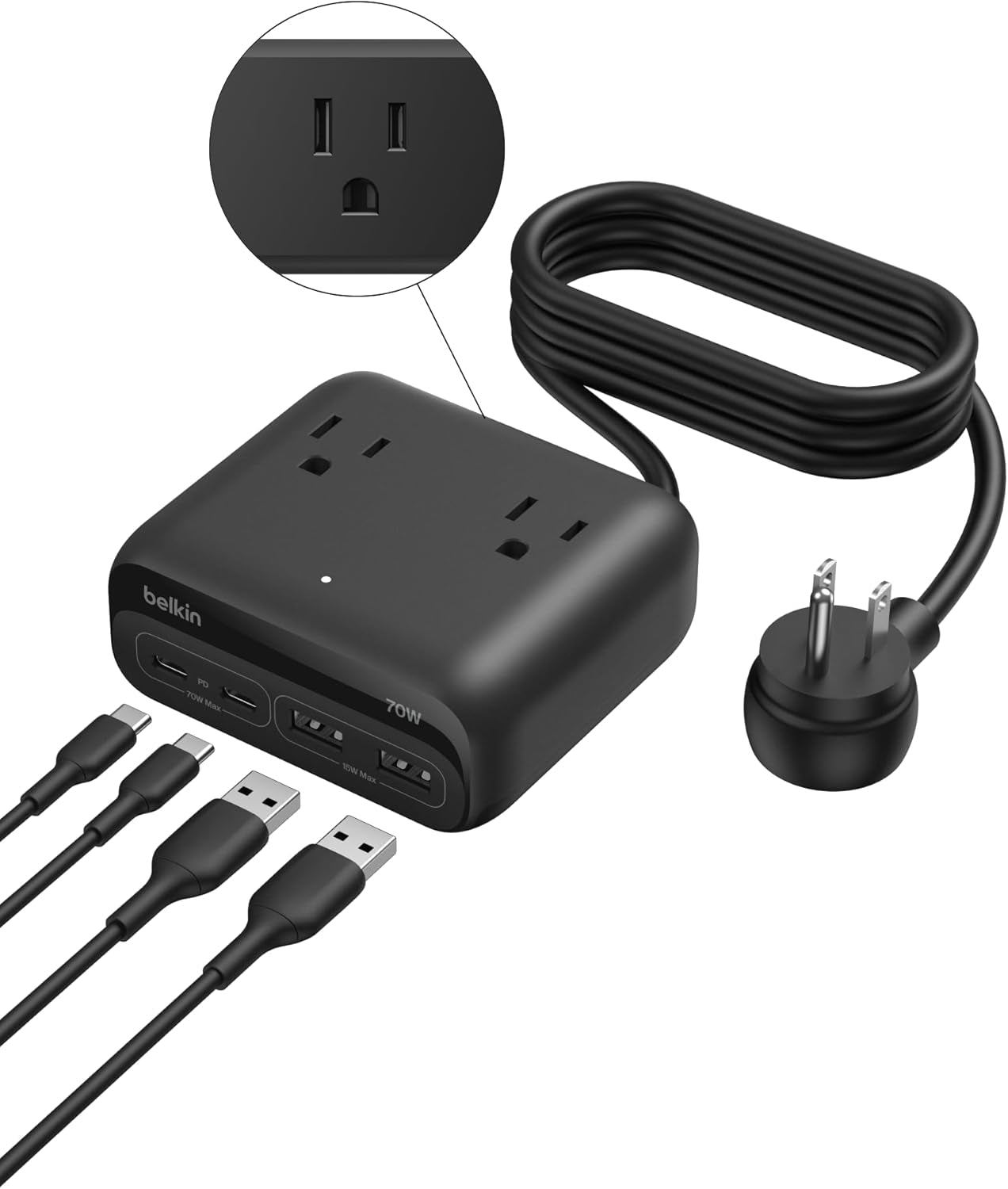 Gan Charging Station 70W, 7-In-1 Dual USB C Charger W/ 3X AC Outlets, 2X USB a Ports, Power Strip, Iphone Charger Fast Charging, Apple Watch, Ipad, Macbook, Chromebook, Samsung Galaxy, Pixel 10