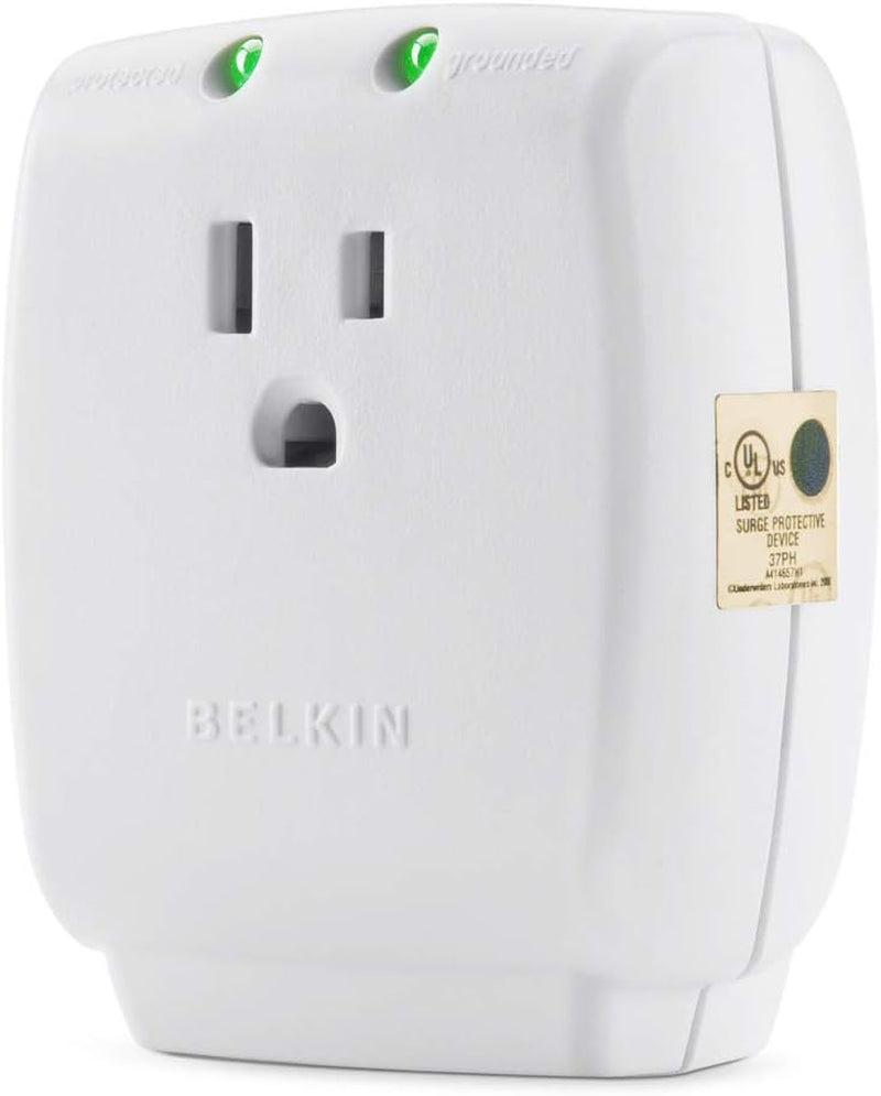 Belkin 1-Outlet Home Series Surgecube - Grounded Outlet Portable Wall Tap Adapter with Ground & Protected Light Indicators for Office, Charging Brick - White, ABS, 885 Joules