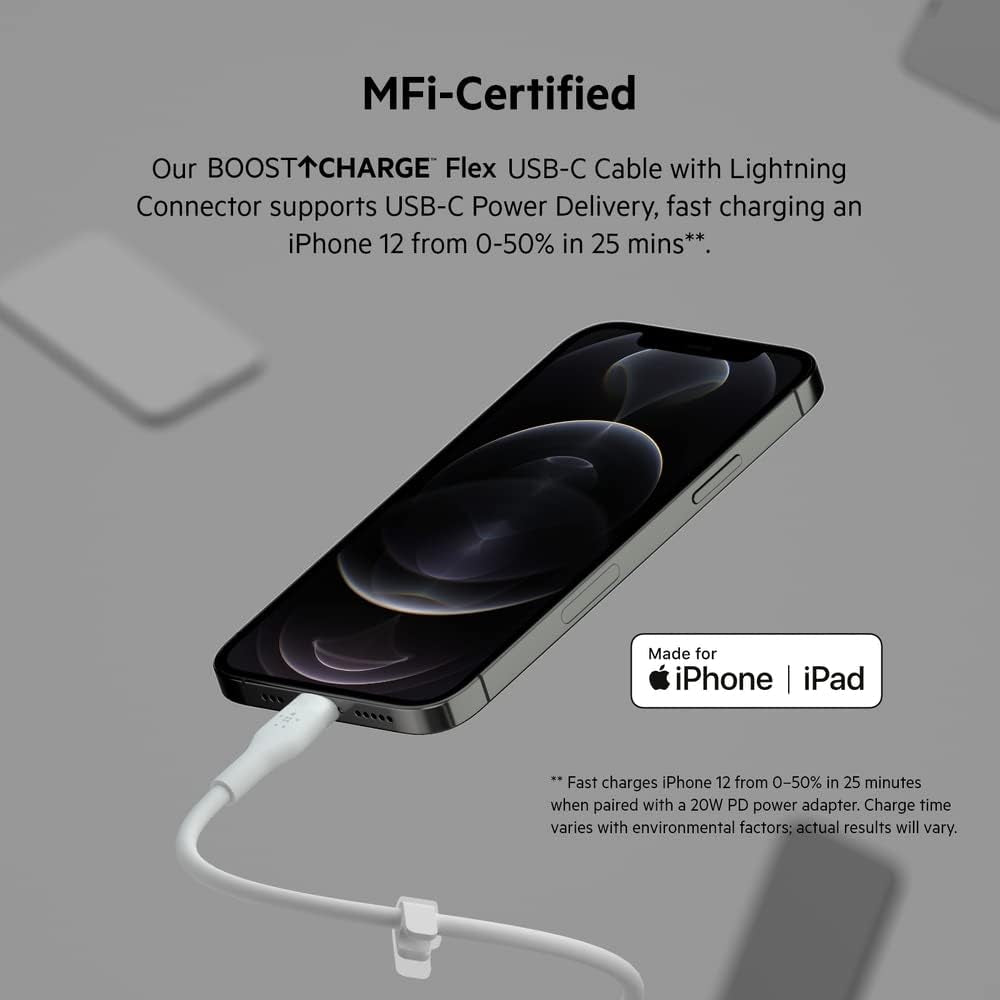 Boostcharge Flex Silicone USB-C to Lightning Cable (2M/6.6FT), Mfi-Certified Charging Cable for Iphone Series with Cable Clip - White