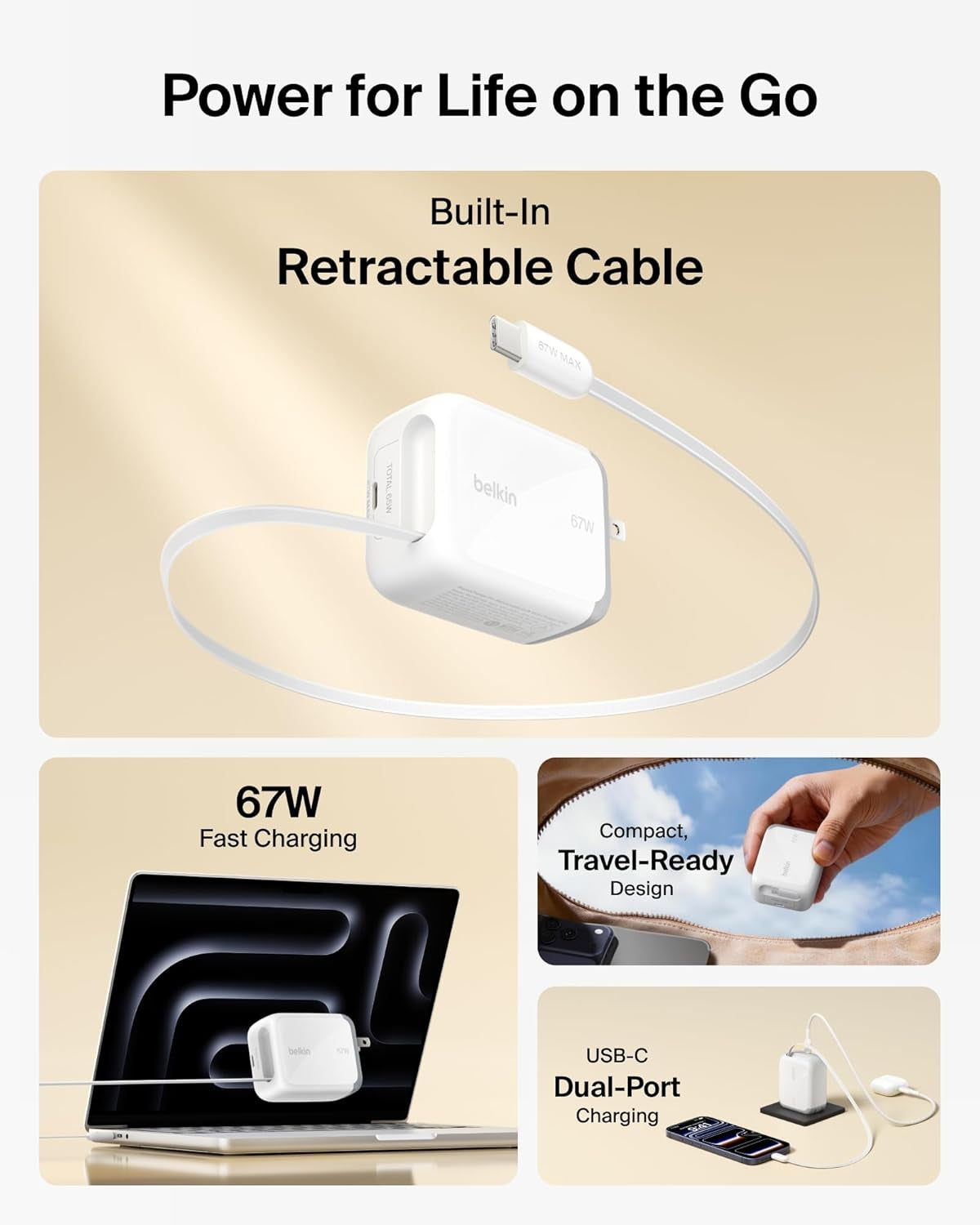 USB C Retractable Wall Charger, 67W Max Gan Fast Charging Block W/Built-In, Extra-Long 3.3Ft Retractable Cable - Iphone Charger for Iphone 17/16 Series, Galaxy, Macbook, Airpods, Ipad, & More