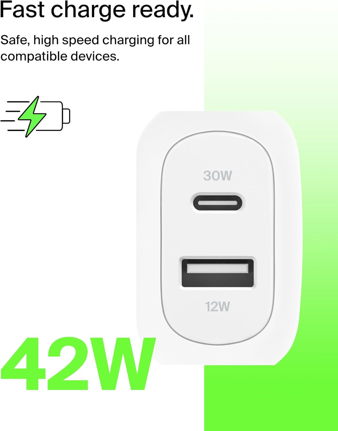 Dual Port Charger Block 42W, USB-C + USB-A Charger - Super Fast Charging - Samsung Galaxy S25, Apple Iphone 17, Air, Pro, Pro Max, Ipad, Macbook, Google Pixel, Nintendo Switch 2 & More - White