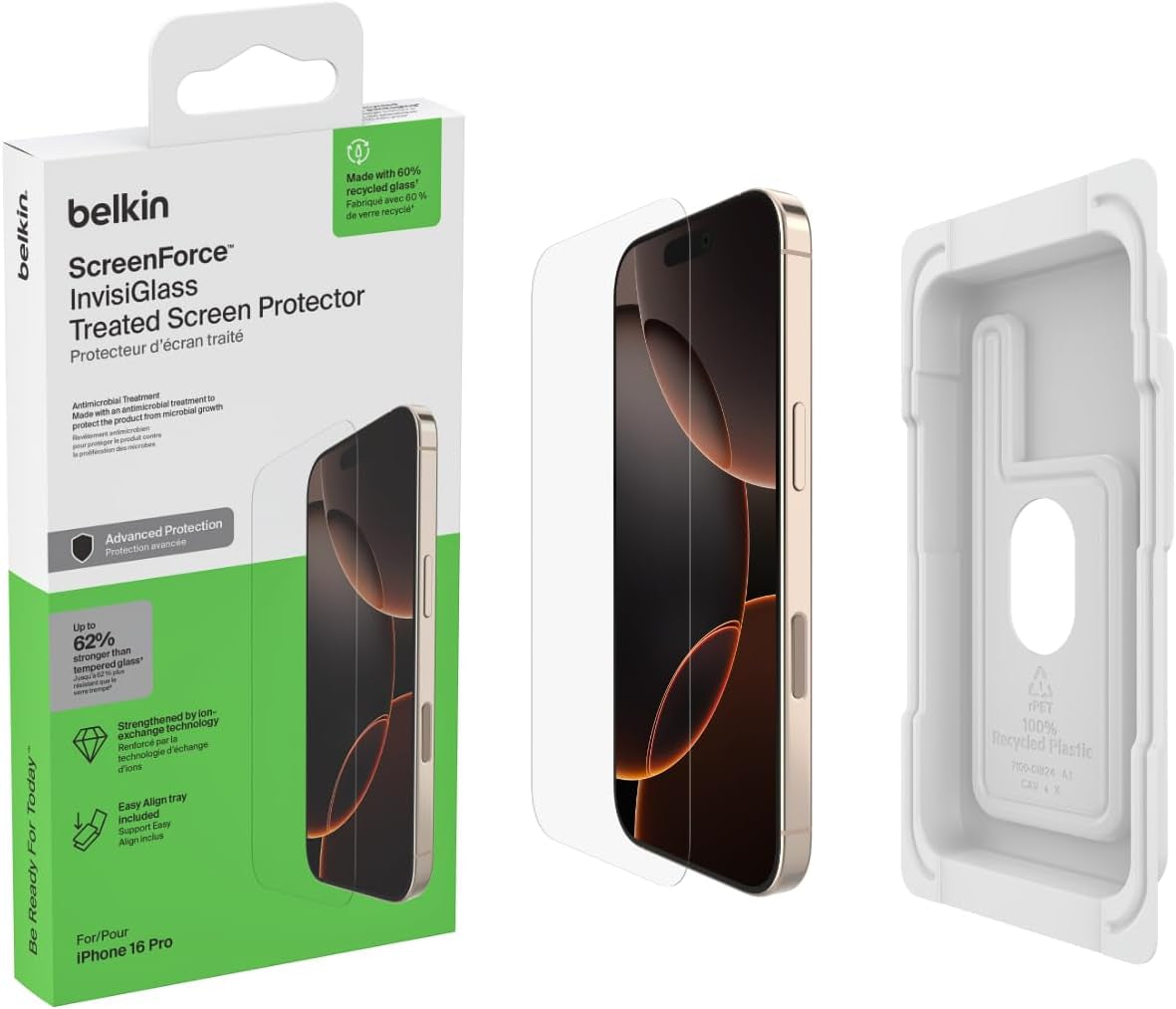 Screenforce Invisiglass Treated Screen Protector for Iphone 16 Pro, Scratch-Resistant Impact Protection W/Included Easy Align Tray for Bubble Free Application - Made with Recycled Glass