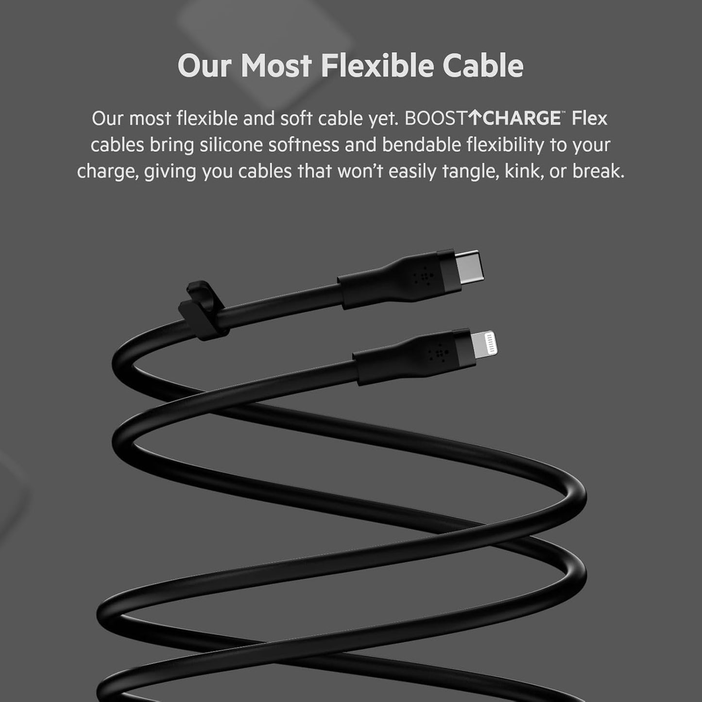Boostcharge Flex Silicone USB-C to Lightning Cable (1M/3.3FT), Mfi-Certified Charging Cable for Iphone Series with Cable Clip - Black