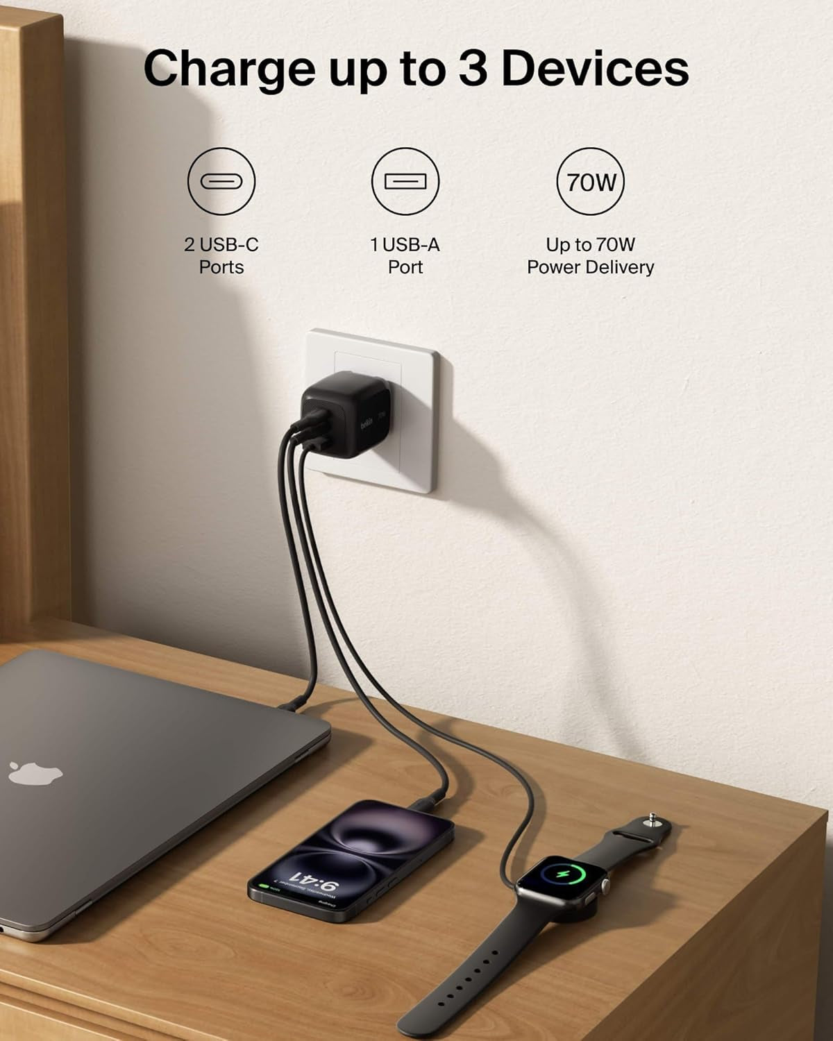 3-Port USB C Charger Block 70W, Multi-Port Gan Wall Charger W/ 2X USB C Ports & 1X USB a Port, Fast Charging for Macbook, Iphone 17, Ipad Pro, Samsung Galaxy S26, Google Pixel 10, & More