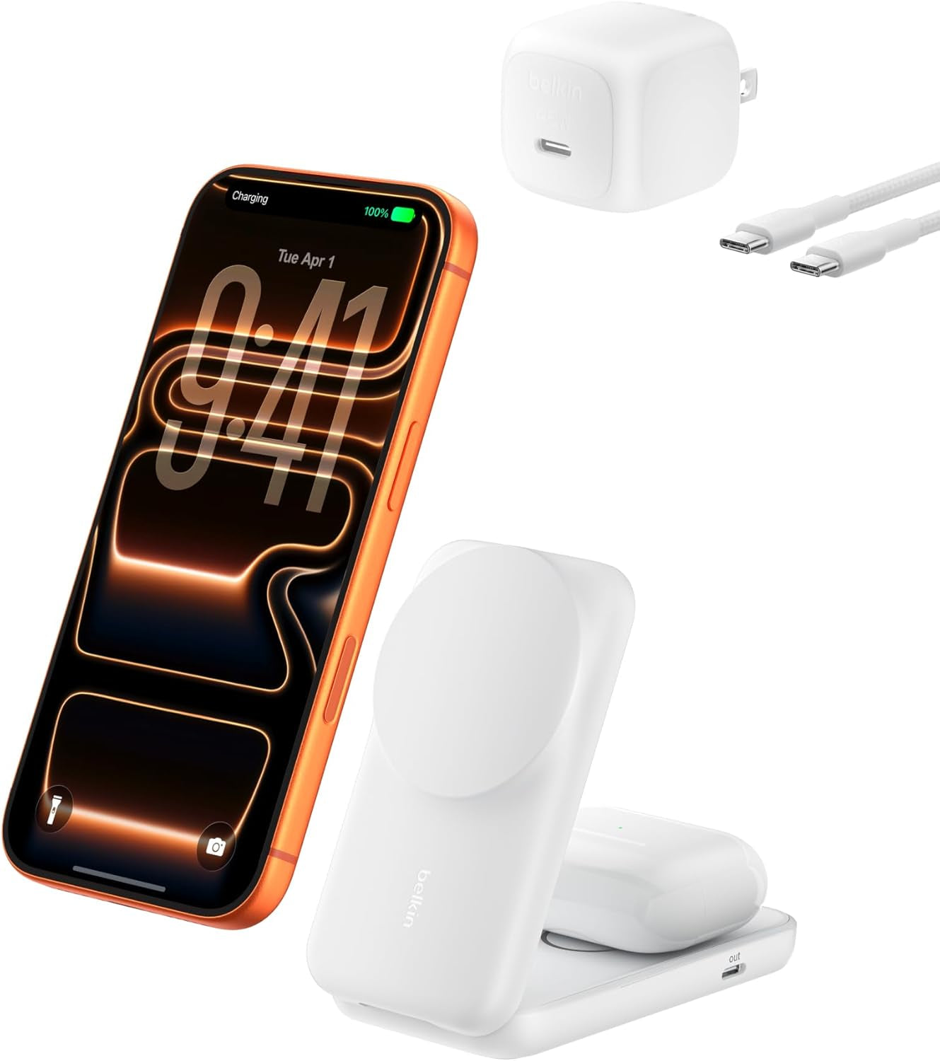 Magsafe Charger, Compatible 2-In-1 Charging Station, Qi2.2 25W Magnetic Wireless Charger Iphone, Foldable Stand, with 5W USB-C Port, for Iphone 17/16/15, Pixel 10, Airpods, 45W Adapter Included