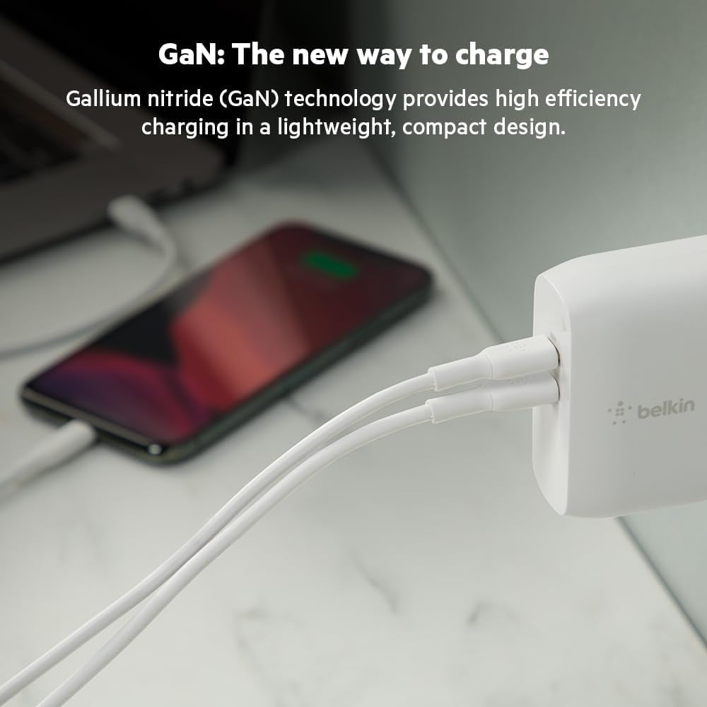 Dual Port USB C Charger Block 68W - USB C Cable Included (2M) - Gan W/ PD Iphone Fast Charging - Samsung Galaxy S25, Apple Iphone 17, Air, Pro, Ipad, Airpods, Macbook, Nintendo Switch 2 – White