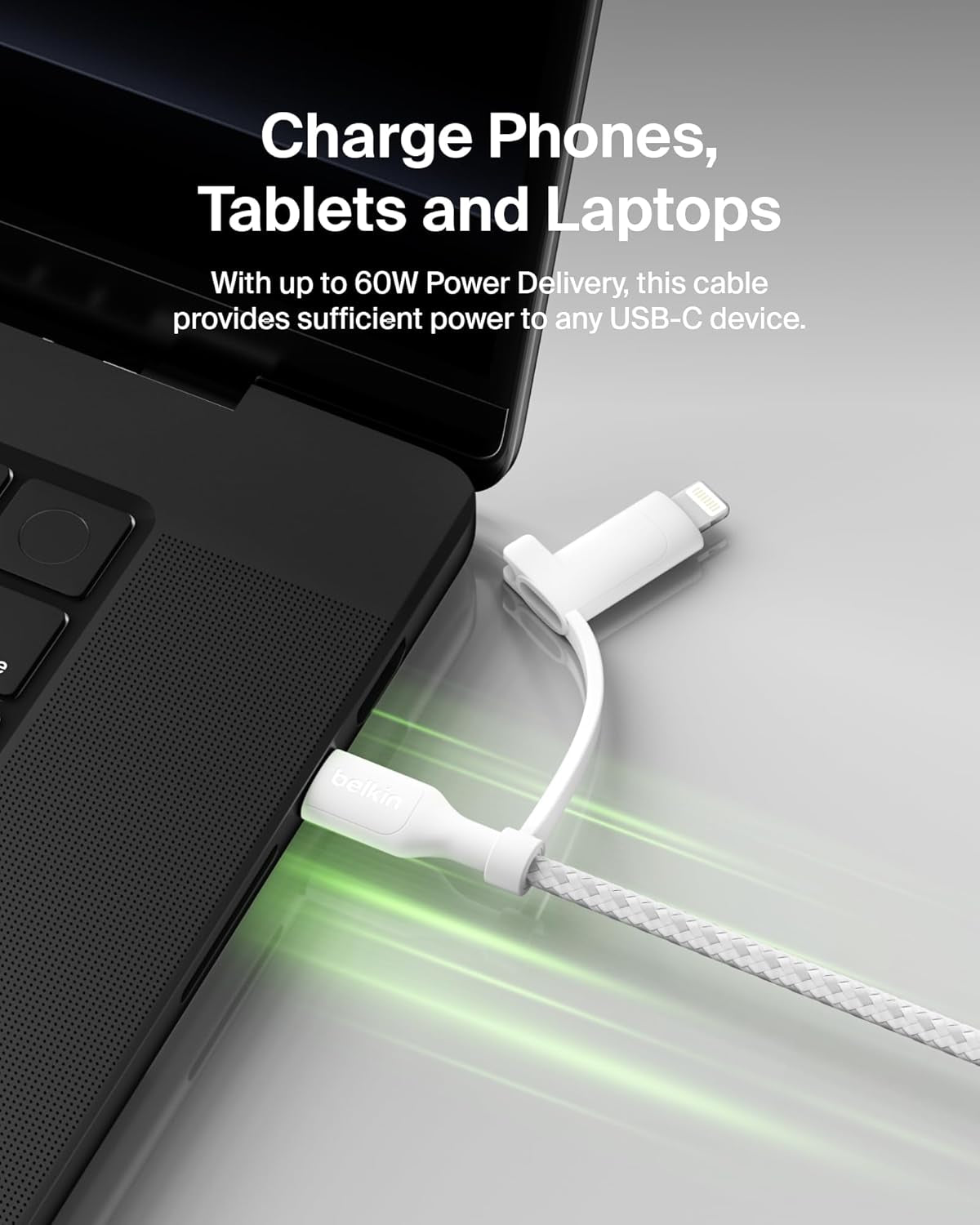 Boostcharge Braided 2-In-1 USB-C Charging Cable W/Usb-C & Lightning Connector (1.5M) Fast & Multi-Charging for Iphone Series, Ipad, Macbook, Galaxy Series, Nintendo Switch 2 & More - White