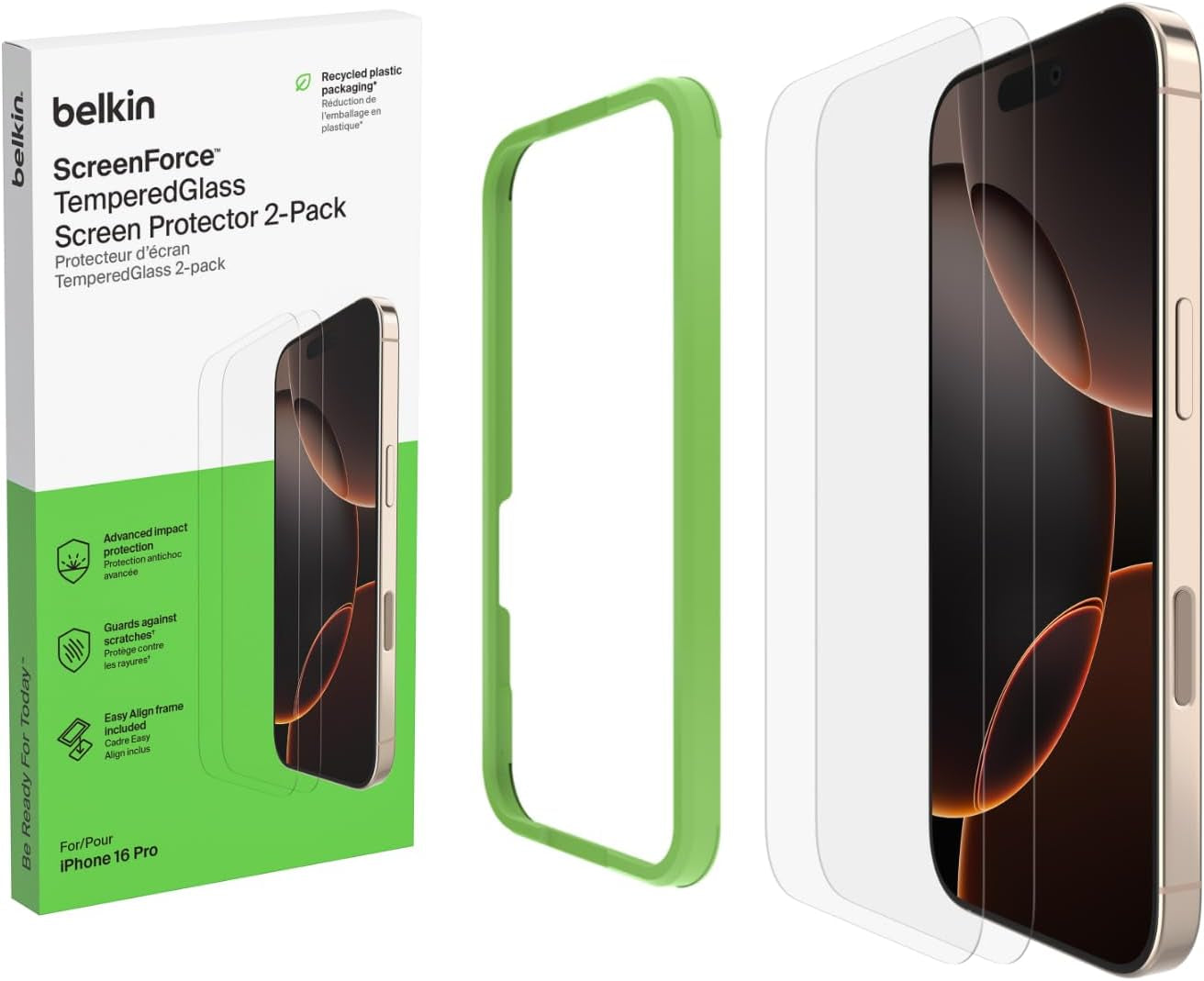 Screenforce Temperedglass Treated Screen Protector for Iphone 16 Pro - Slim & Scratch-Resistant Impact Protection with Easy Align Tray for Bubble Free Application, Recycled Glass - 2 Pack