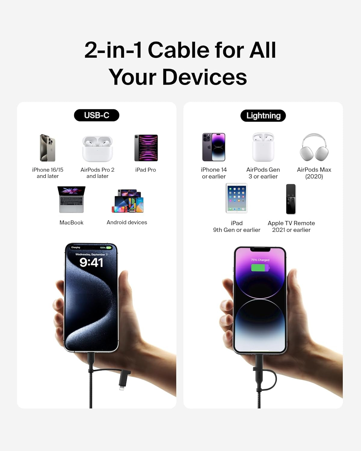 Boostcharge Braided 2-In-1 USB-C Charging Cable W/Usb-C & Lightning Connector (1.5M) Fast & Multi-Charging for Iphone Series, Ipad, Macbook, Galaxy Series, Nintendo Switch 2 & More - Black