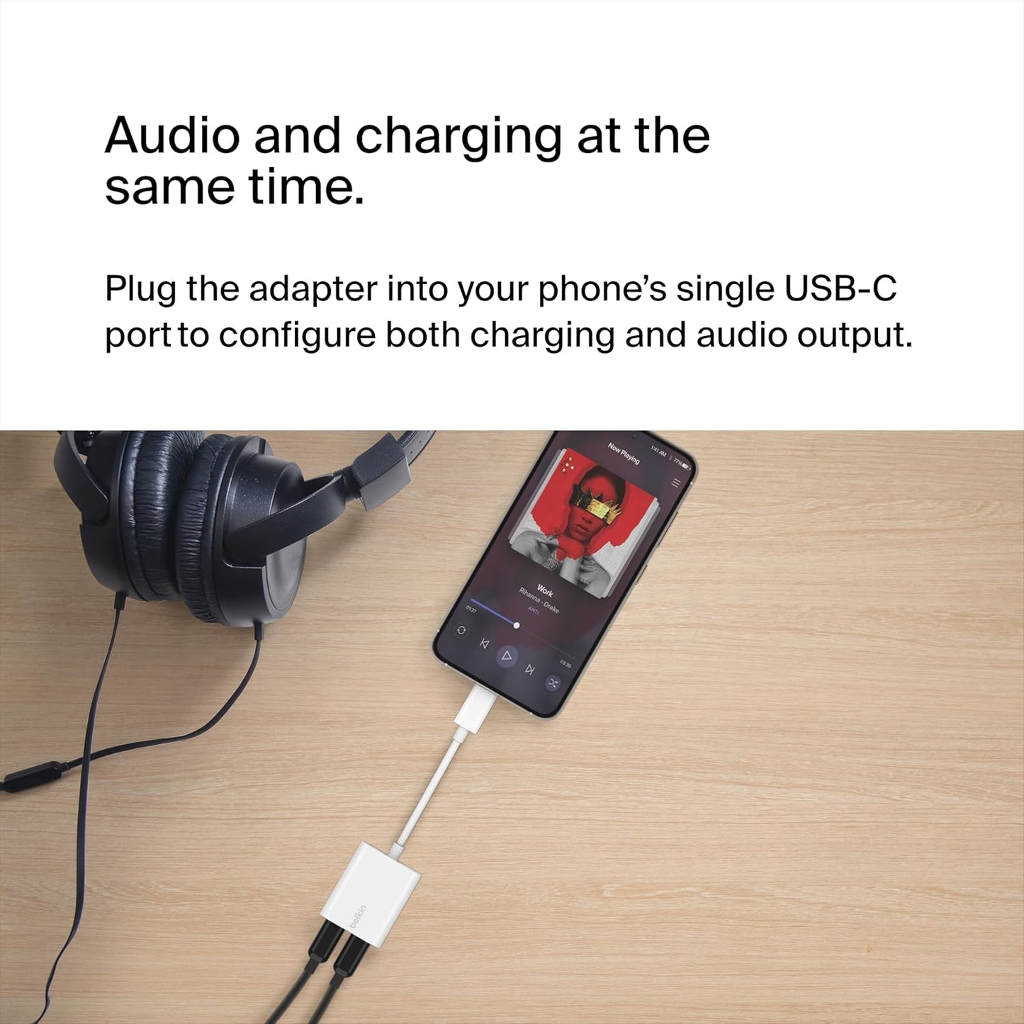 Rockstar USB-C Audio + Charge Adapter, Headphone Adapter W/Usb-C 60W Power Delivery Fast Charging for Iphone, Ipad Pro, Galaxy, Note, Google Pixel, LG G6, Sony Xperia, Oneplus, & More - White
