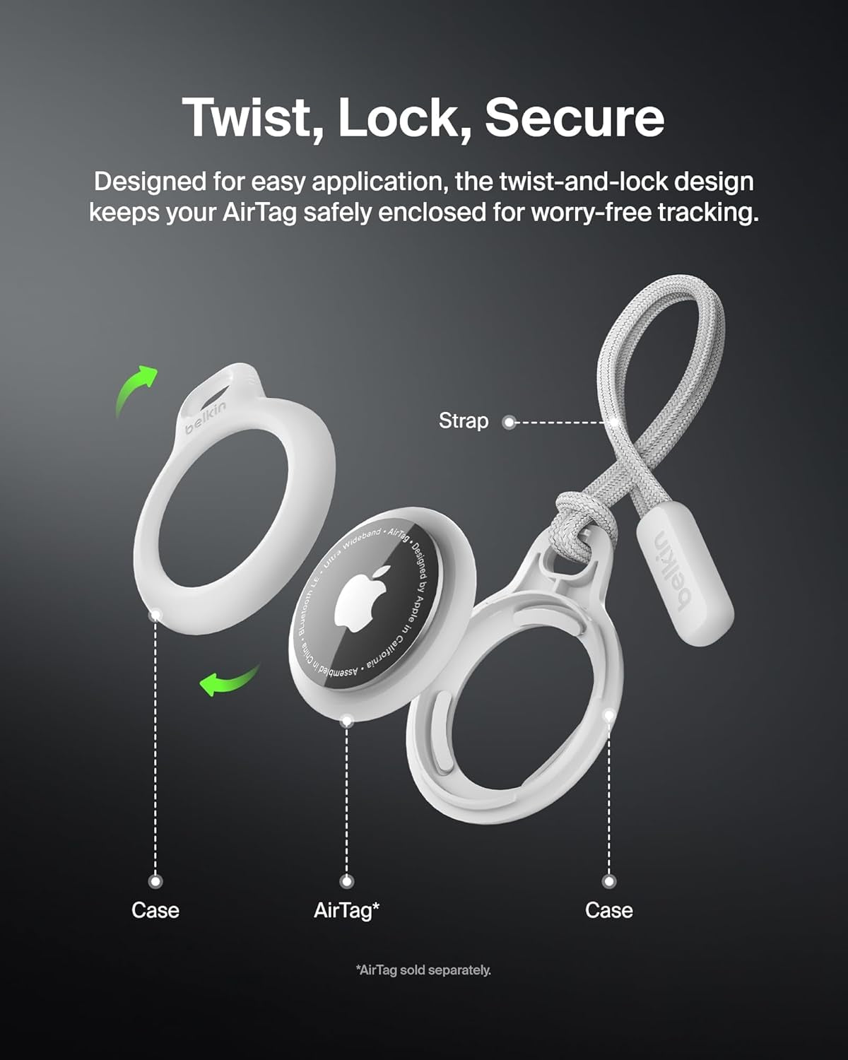 Apple Airtag Secure Holder with Strap - Apple Air Tag Keychain - Airtag Holder with Strap for Key Ring - Airtag Keychain Accessories - Scratch Resistant Airtag Case with Raised Edges - White