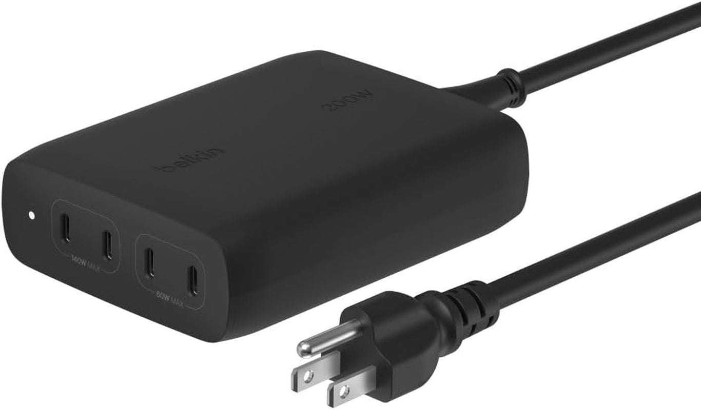 4-Port USB C Charger Block, 200W Gan Multi-Port Charger USB-C PD 3.1 Fast Charge + 5Ft Power Cord - Macbook, Iphone 17, Air, Ipad, Galaxy S26, Google Pixel 10, Nintendo Switch 2 - Black