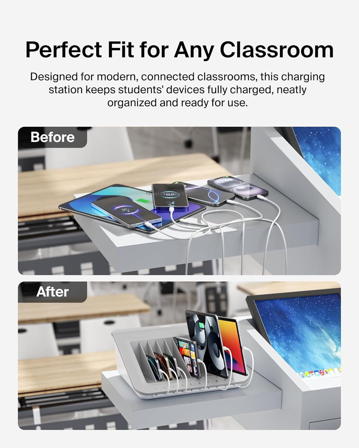 Charging Station for Laptops with Surge Protector - 10 Device USB Charging Dock for Tablets, Laptops, Chromebooks – Cable Management for Classrooms, Offices, Tech Labs, Shared Spaces, & More