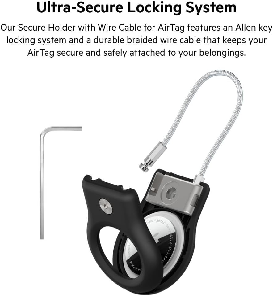 Secure Holder with Wire Cable for Apple Airtag, Black