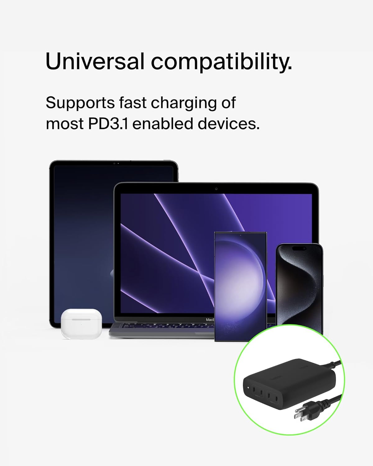 4-Port USB C Charger Block, 200W Gan Multi-Port Charger USB-C PD 3.1 Fast Charge + 5Ft Power Cord - Macbook, Iphone 17, Air, Ipad, Galaxy S26, Google Pixel 10, Nintendo Switch 2 - Black