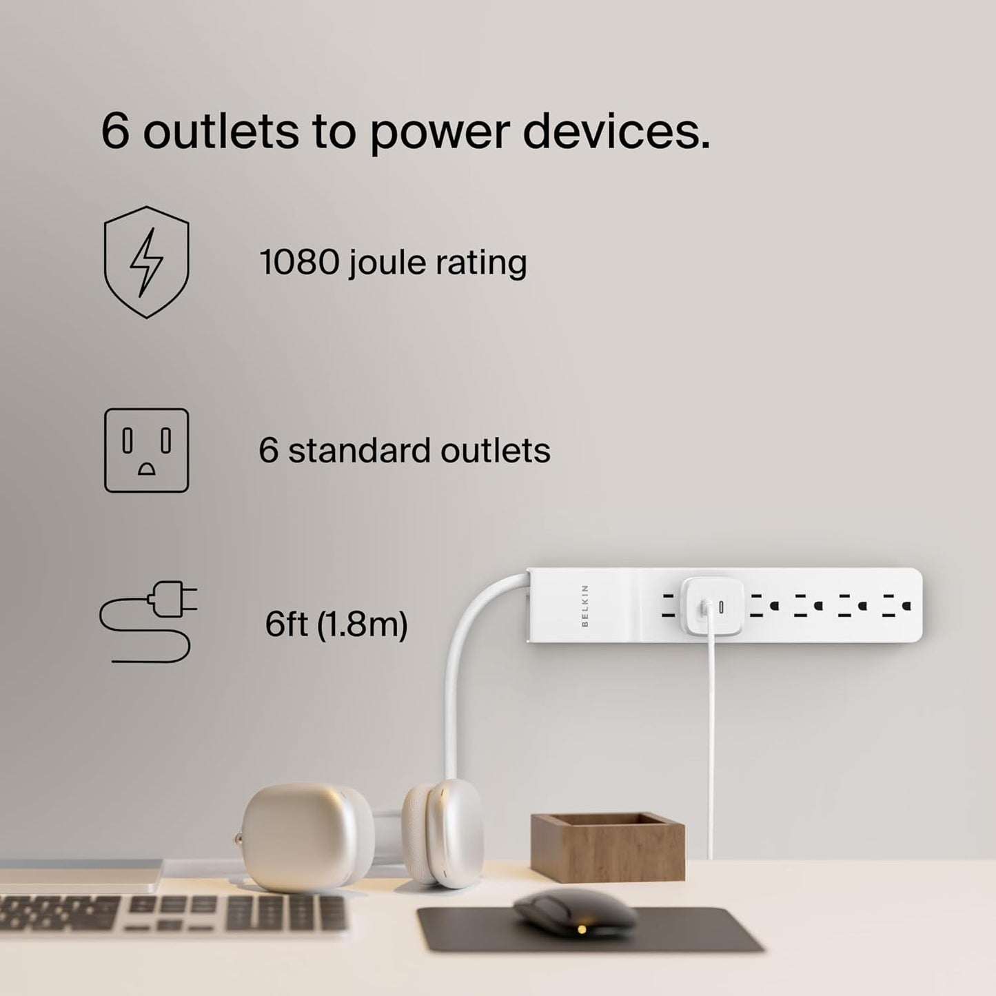 Belkin 6-Outlet Power Strip Surge Protector W/Flat Rotating Plug, 6Ft Cord – Ideal for Personal Electronics, Small Appliances and More (1080 Joules), White, 6' - 6 Pack