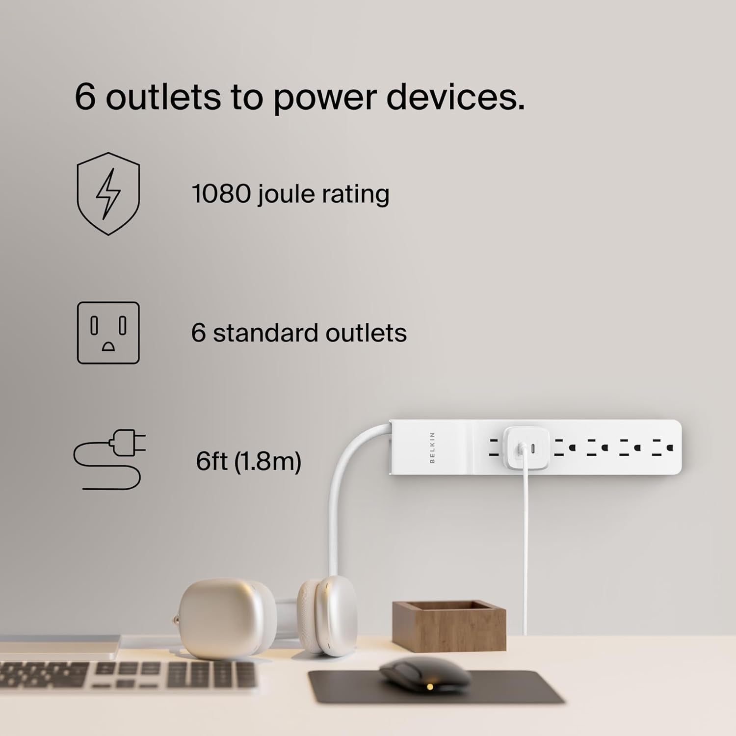 Belkin 6-Outlet Power Strip Surge Protector W/Flat Rotating Plug, 6Ft Cord – Ideal for Personal Electronics, Small Appliances and More (1080 Joules), White, 6' - 6 Pack